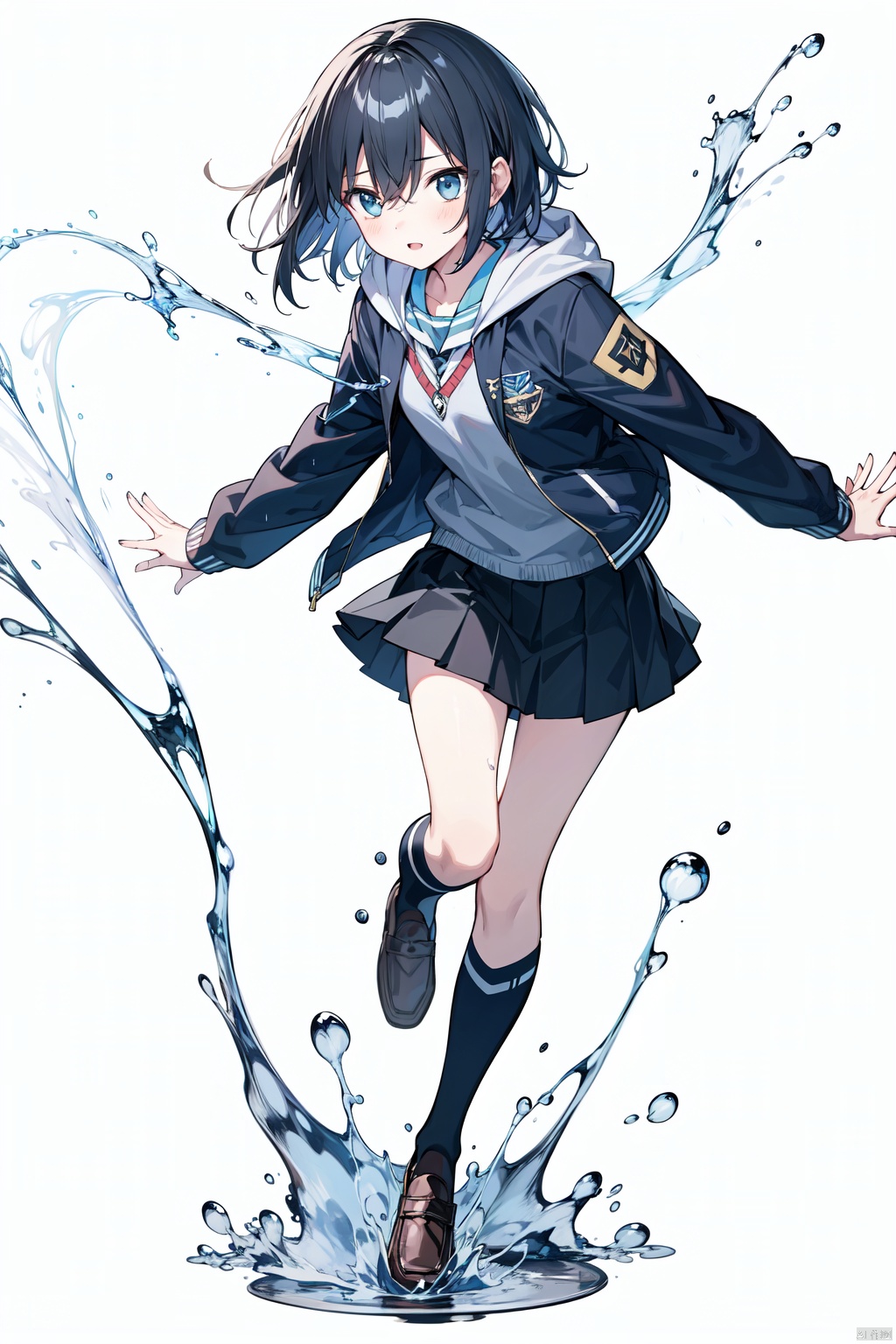 1girl, black_hair, black_skirt, full_body, hair_between_eyes, hood, hooded_jacket, jacket, kneehighs, loafers, pleated_skirt, school_uniform, shoes, short_hair, simple_background, skirt, solo, splashing, water, white_background