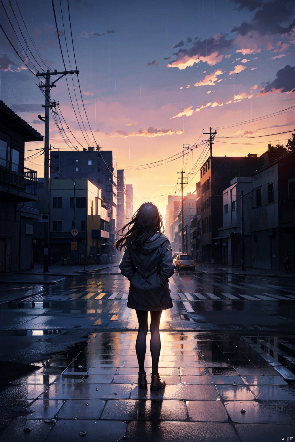 masterpiece,best quality,(ray tracing, cinematic lighting),ex-light,(central composition, Centered Composition and Symmetry:0.6),(back to camera:1.3),backlight,1girl,((solo)),black long hair,messy hair,jacket,pantyhose,rainy day,Cumulonimbus Cloud,(put hands in pockets),(outdoors, rain, sky, deserted streets, watered-down pavements, crossroad, fork in the road),tall buildings,bell towers,glass,reflections,streetlights,sunset,Tyndall Effect,