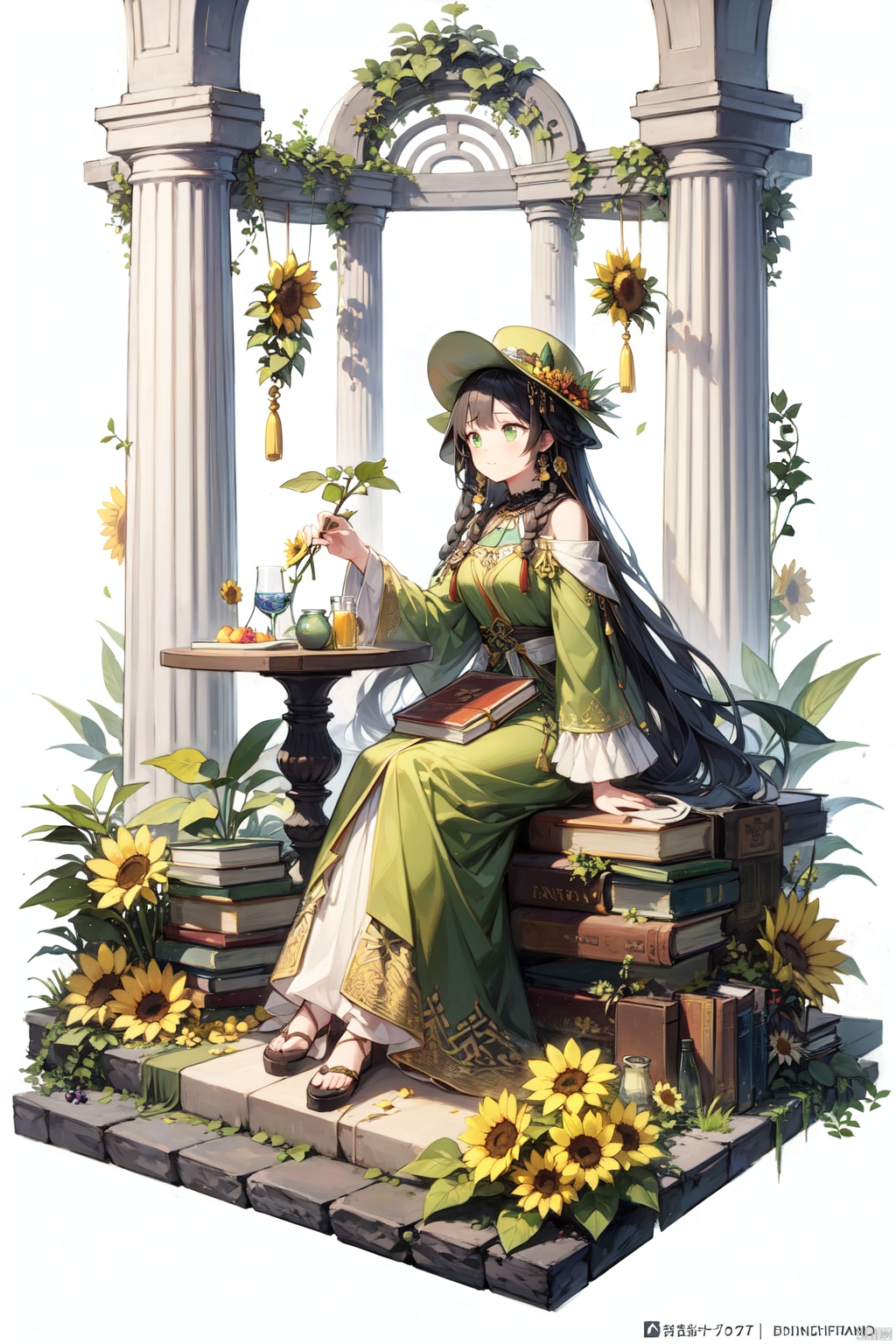 1girl, bird, flower, long hair, grapes, black hair, sitting, solo, green eyes, pillar, fruit, book, hair ornament, food, hat, plant, dress, jewelry, long sleeves, green dress, vase, braid, railing, column, very long hair, book stack, watermark, beads, full body, sunflower, yellow dress, tassel, leaf