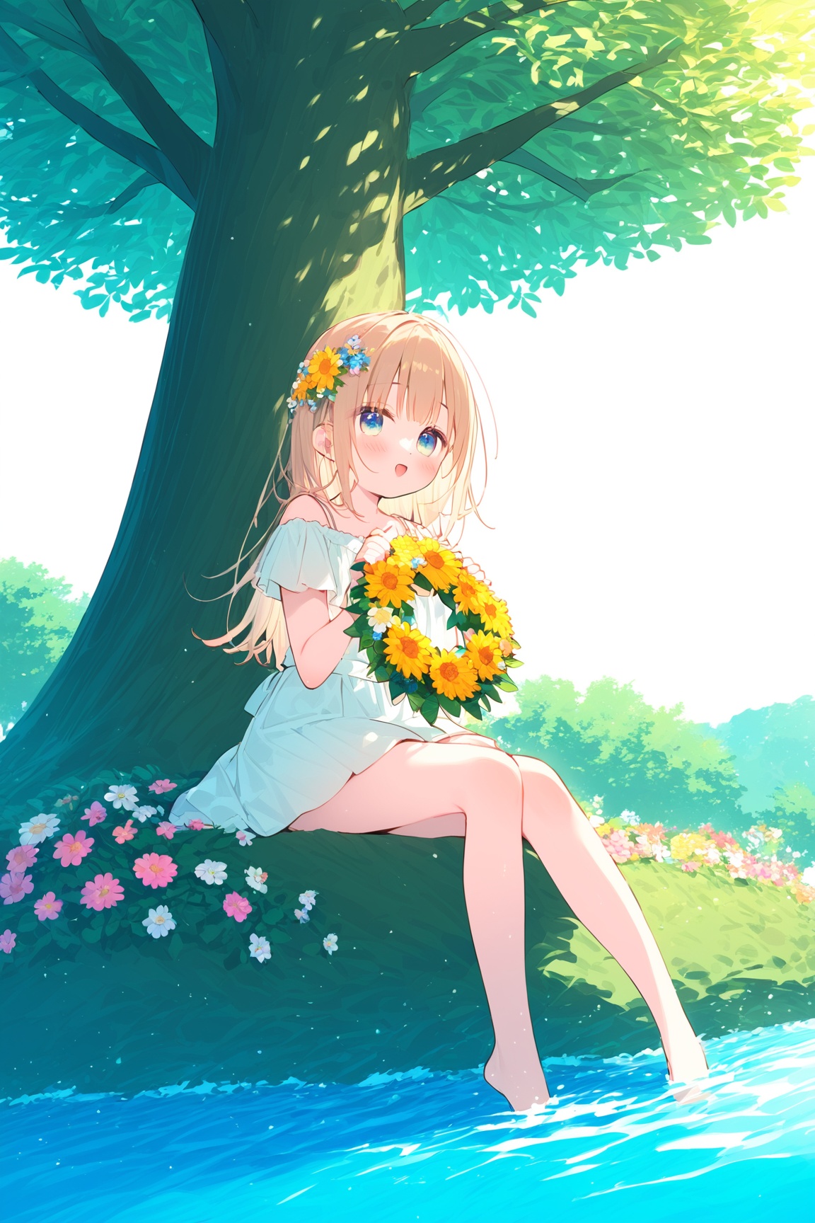 (masterpiece), (best quality),(vilieer:1.2), a cute, solo, siting against a giant tree, water_side, full of colorful flowers,barefoot,holding wreath,