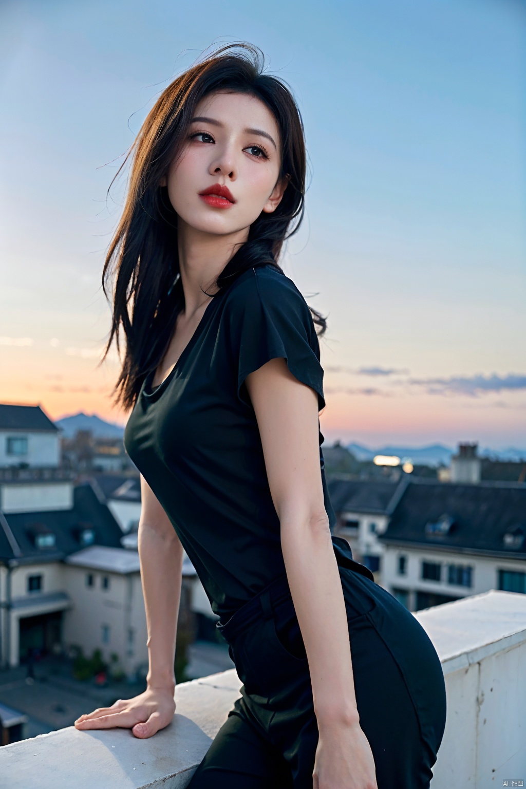  NSFW,Frontal photography,Look front,evening,dark clouds,the setting sun,On the city rooftop,A 20 year old female,Black top,Black Leggings,black hair,long hair, dark theme, muted tones, pastel colors, high contrast, (natural skin texture, A dim light, high clarity) ((sky background))((Facial highlights)), Light master, 1girl