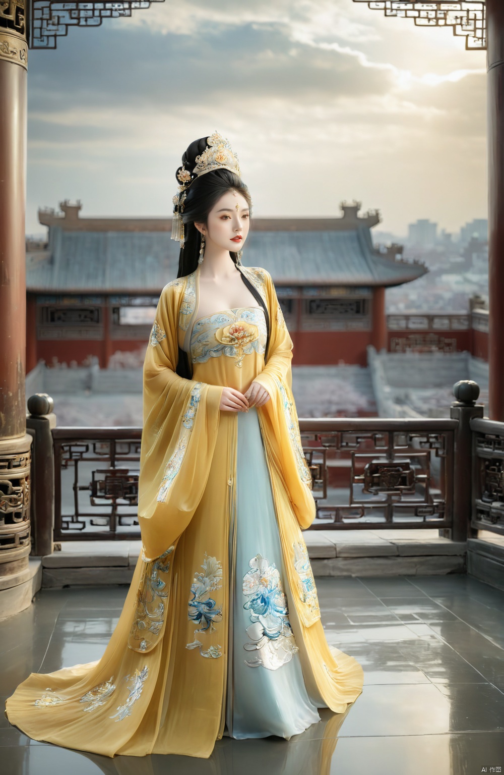 1girl,full body,cloudy_sky,scenery,architecture,horizon,pillar,solo,look at the audience,long_hair,Golden Embroidered Chinese Princess Dress,elegant and graceful beauty,A solitary girl stands regally, her full form gracing the scenery, embodying an elegant and graceful beauty. Dressed in a stunning Golden Embroidered Chinese Princess Dress, her long hair cascades down like a dark waterfall, framing her visage as she gazes directly at the audience. Her presence merges seamlessly with the cloudy sky and horizon, where billowy clouds drift overhead like celestial architecture, casting soft shadows against the pillar-like structures below. This enchanting blend of natural and architectural elements serves to accentuate her poise and allure, as if she herself were a part of the larger, breathtaking landscape.<lora:EMS-317135-EMS:0.800000>, <lora:EMS-322155-EMS:0.700000>