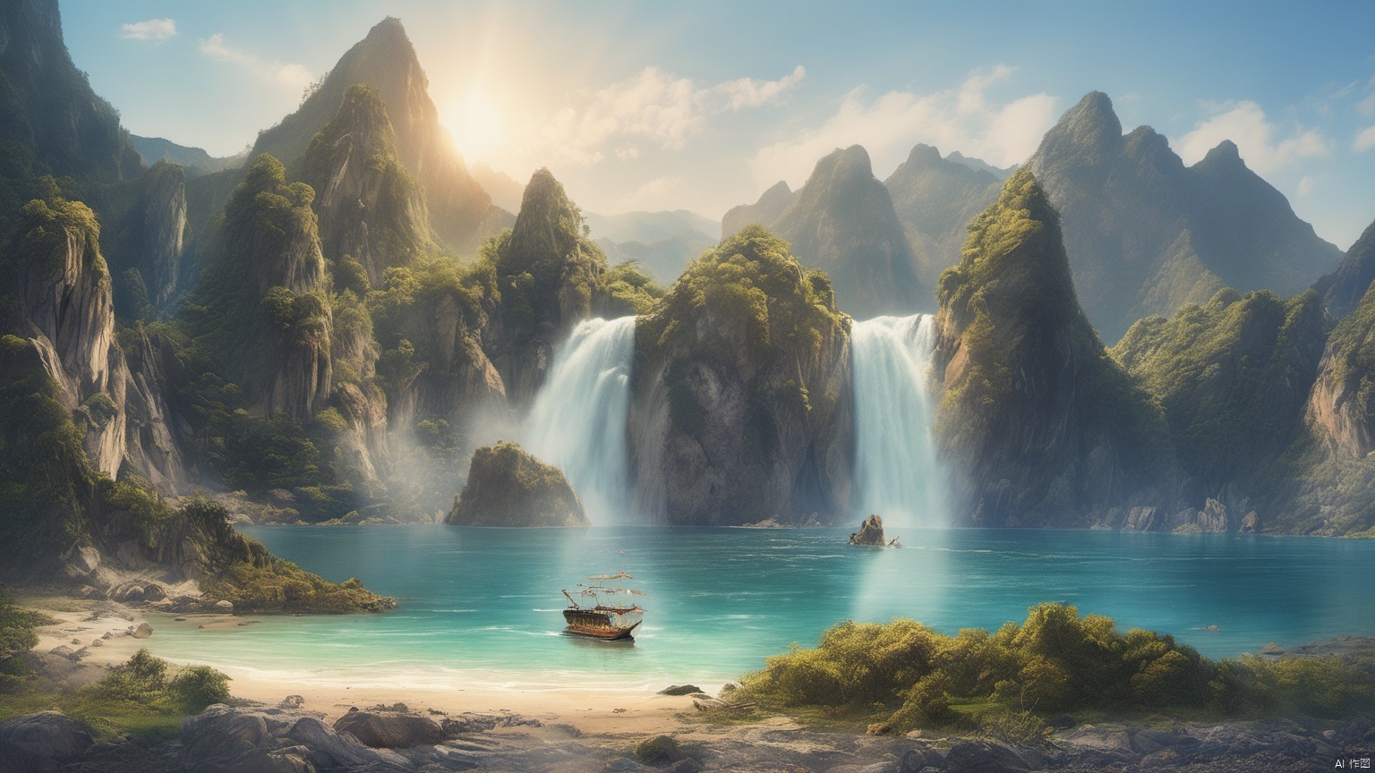  (Waterfall ),
 (sea ),
(Jet hole blue flame and lightning ),
(Adequate sunlight ),
(Optical materials ),
(Water in glass materials ),
(beach ),
(wonderland ),
Overlooking,,(sea ),,Representative,boutique, Ultra HD, 
, reflection, masterpiece, true light and shadow, wide Angle, outdoors, sky, day,
, blue sky, (no humans 99.9),nature, scenery, Water, beach, 
 (High Quality), Best Quality, (4K), 8K, Super Detail, (Full Detail), (Masterpiece), (Realistic), Super Detail, (Exquisite Detail), Intricate, Traditional Chinese Ink Painting,Mountain peaks, blue sky, flowing water,Wild goose, Scenery, Light
