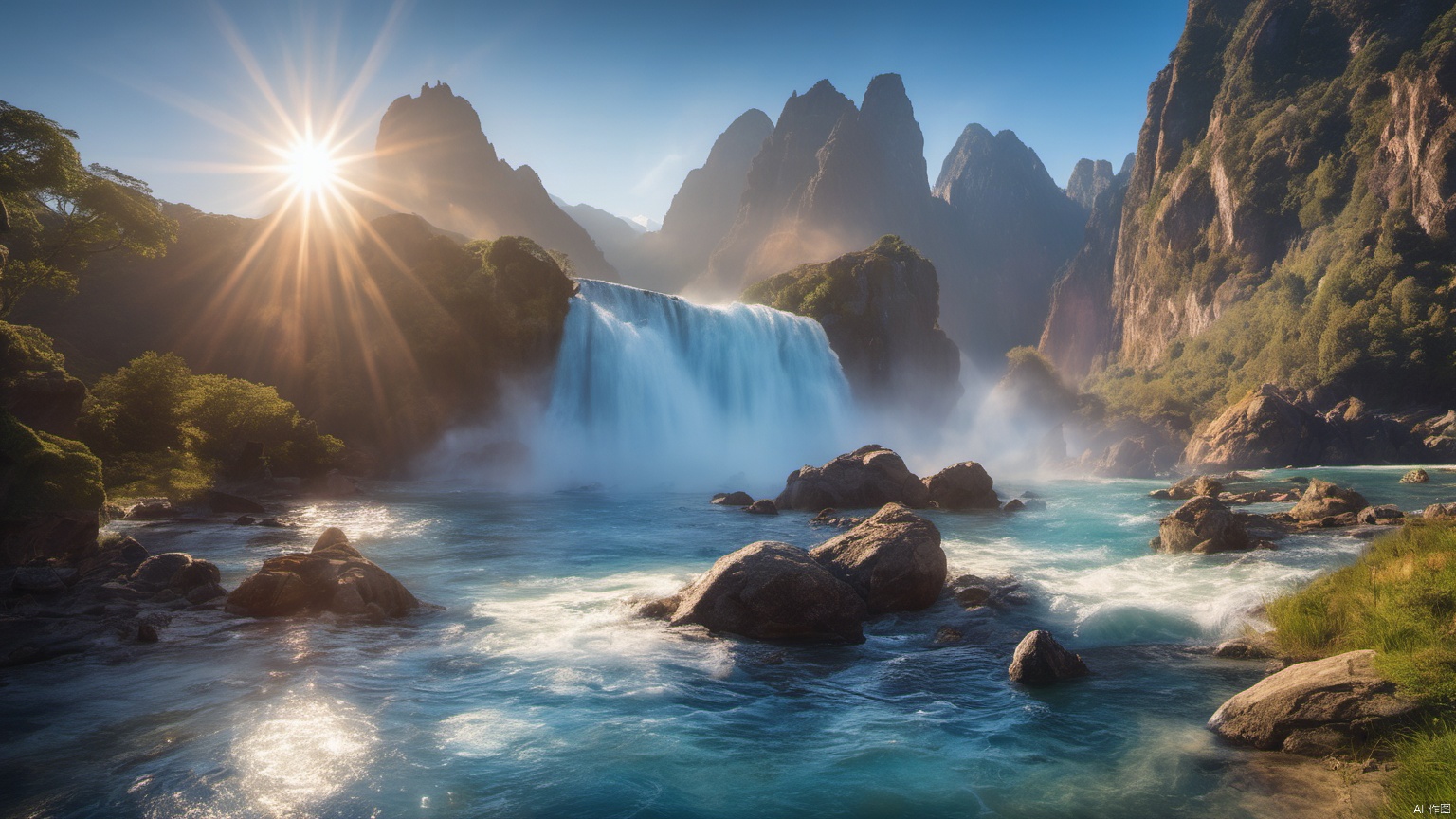  (Waterfall ),
 (sea ),
(Jet hole blue flame and lightning ),
(Adequate sunlight ),
(Optical materials ),
(Water in glass materials ),
(beach ),
(wonderland ),
Overlooking,,(sea ),,Representative,boutique, Ultra HD, 
, reflection, masterpiece, true light and shadow, wide Angle, outdoors, sky, day,
, blue sky, (no humans 99.9),nature, scenery, Water, beach, 
 (High Quality), Best Quality, (4K), 8K, Super Detail, (Full Detail), (Masterpiece), (Realistic), Super Detail, (Exquisite Detail), Intricate, Traditional Chinese Ink Painting,Mountain peaks, blue sky, flowing water,Wild goose, Scenery, Light