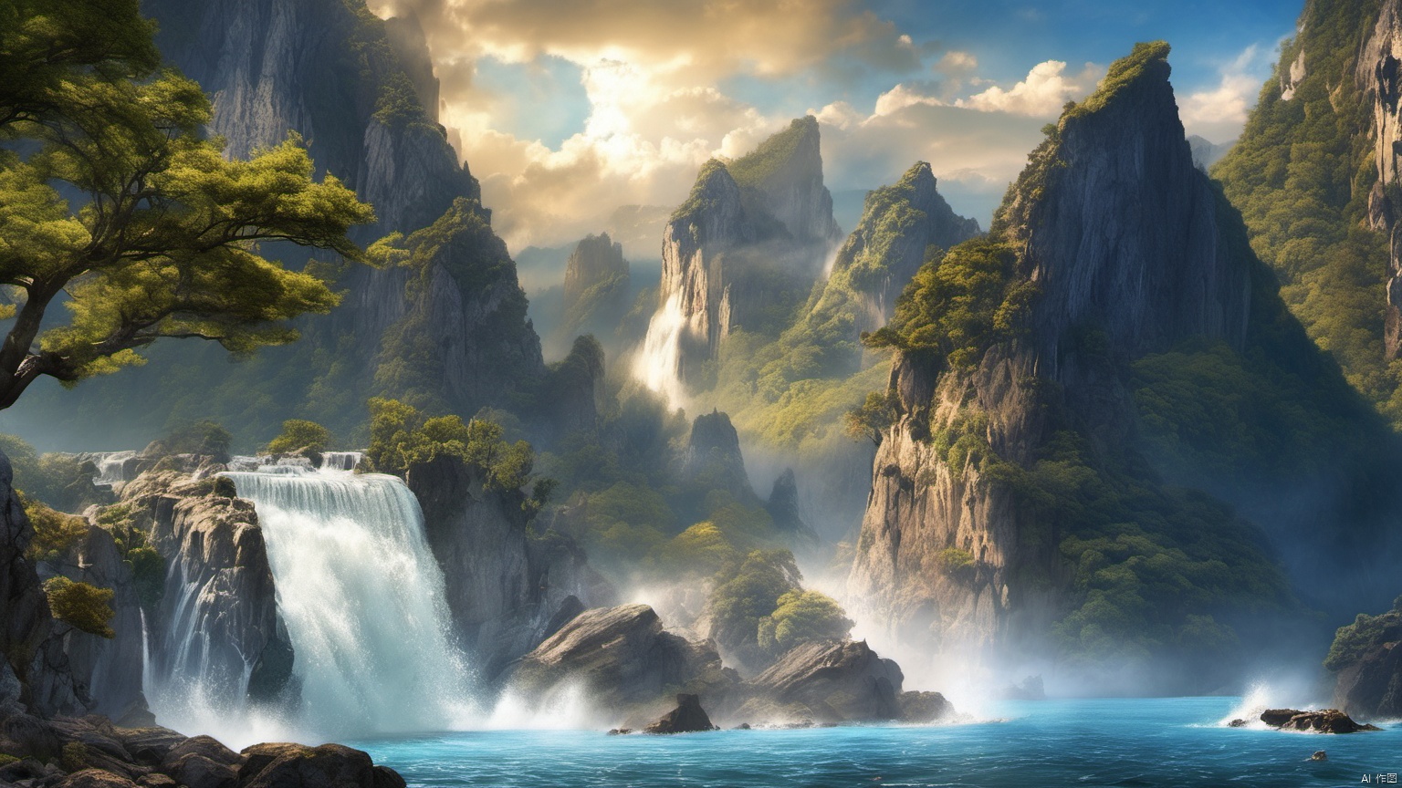  (Waterfall ),
 (sea ),
(Jet hole blue flame and lightning ),
(Adequate sunlight ),
(Optical materials ),
(Water in glass materials ),
(beach ),
(wonderland ),
Overlooking,,(sea ),,Representative,boutique, Ultra HD, 
, reflection, masterpiece, true light and shadow, wide Angle, outdoors, sky, day,
, blue sky, (no humans 99.9),nature, scenery, Water, beach, 
 (High Quality), Best Quality, (4K), 8K, Super Detail, (Full Detail), (Masterpiece), (Realistic), Super Detail, (Exquisite Detail), Intricate, Traditional Chinese Ink Painting,Mountain peaks, blue sky, flowing water,Wild goose, Scenery, Light