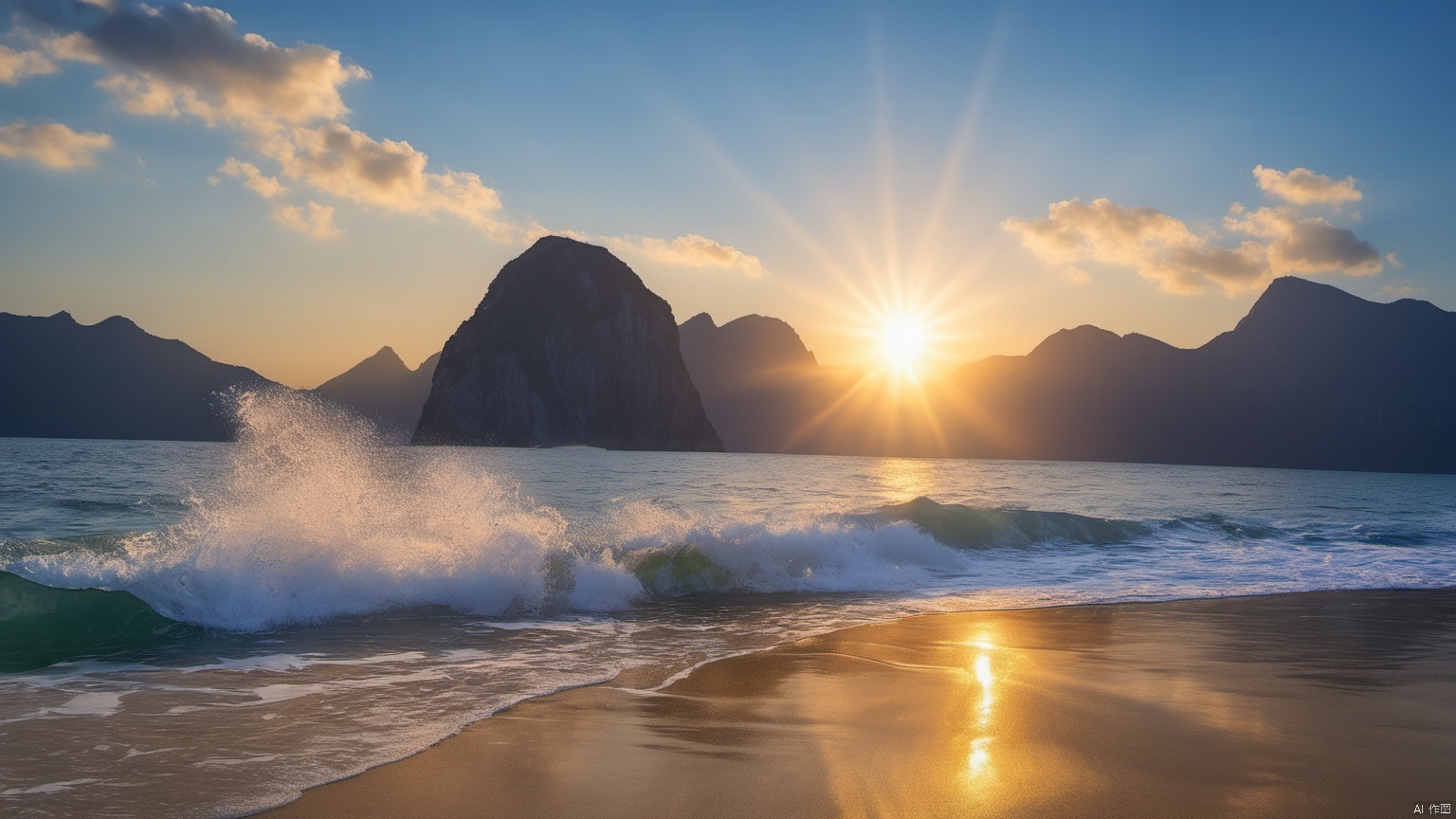  (Waterfall 1.9),
 (sea 1.0),
(Jet hole blue flame and lightning 1.0),
(Adequate sunlight 1.5),
(Optical materials 1.0),
(Water in glass materials 1.5),
(beach 1.0),
(wonderland 1.0),
Overlooking,,(sea 1.9),,Representative,boutique, Ultra HD, 
, reflection, masterpiece, true light and shadow, wide Angle, outdoors, sky, day,
, blue sky, (no humans 99.9),nature, scenery, Water, beach, 
 (High Quality), Best Quality, (4K), 8K, Super Detail, (Full Detail), (Masterpiece), (Realistic), Super Detail, (Exquisite Detail), Intricate, Traditional Chinese Ink Painting,Mountain peaks, blue sky, flowing water,Wild goose, Scenery, Light