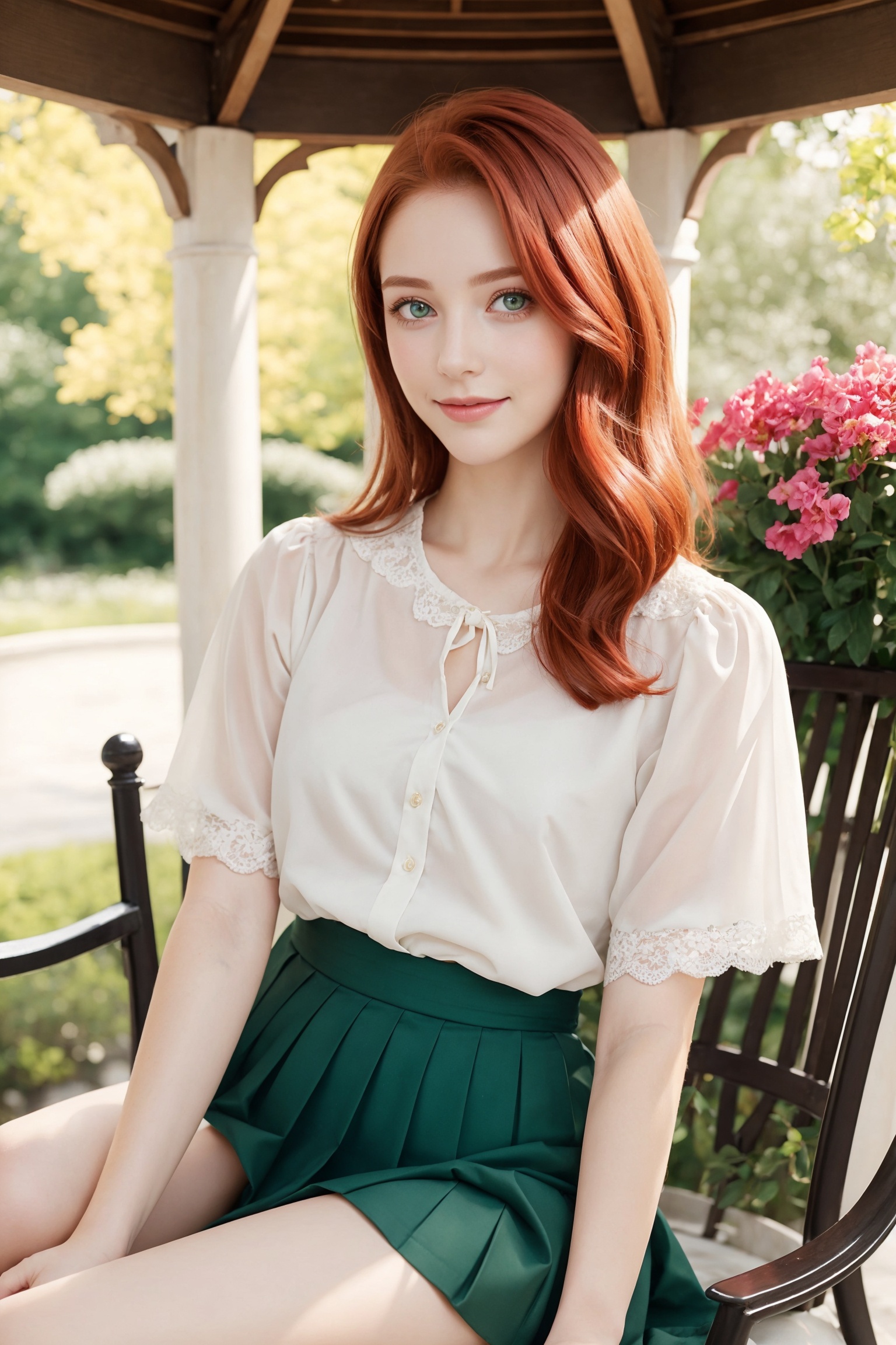 Upper body photography. An amazingly beautiful young girl 19 years old with a kitten on her lap. Red hair,  a square hairc...