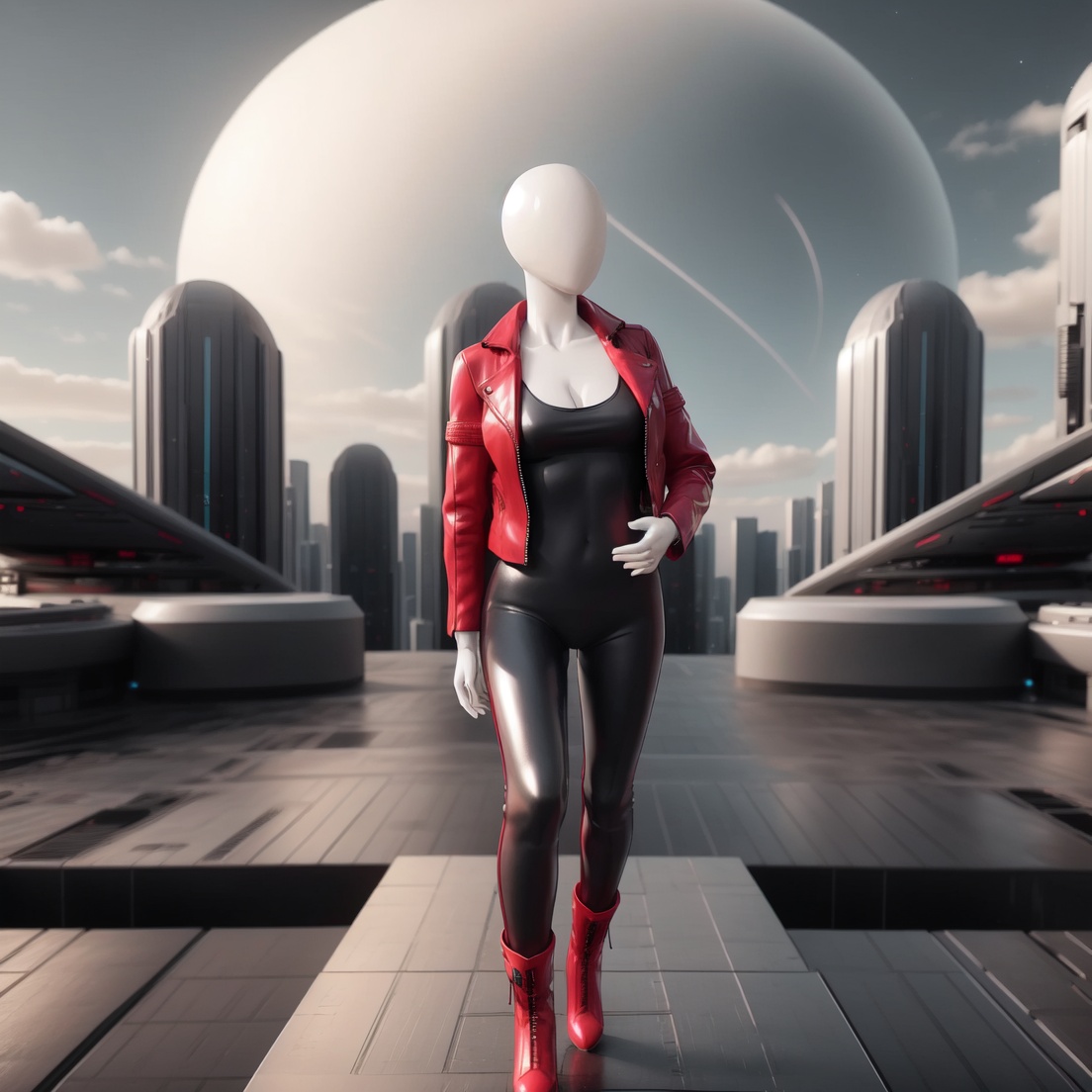 1woman,  ((mannequin)) with futuristic cyber clothes,  dark red sexy **** top and black leather jacket in futuristic city...