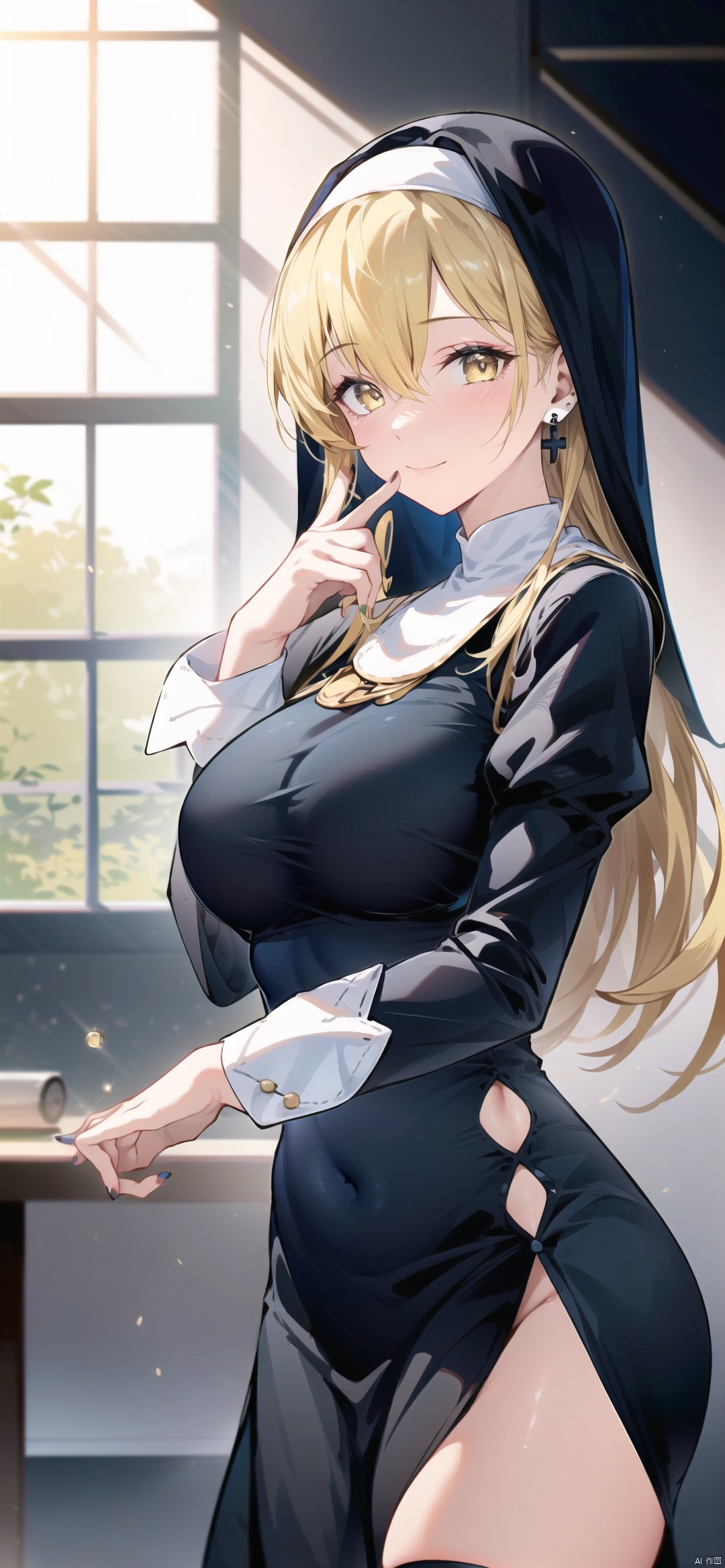  1girl, solo, thighhighs, cross earrings, jewelry, breasts, cross, blonde hair, earrings, long hair, yellow eyes, finger to mouth, large breasts, long sleeves, dress, smile, covered navel, hairband, blurry, looking at viewer, blush, black thighhighs, puffy sleeves, blurry background, black dress, no panties, juliet sleeves, thigh strap, from side, bangs, indoors, shushing, pelvic curtain, nun, nail polish, hand up, cowboy shot, index finger raised, hair between eyes, closed mouth, standing, fine fabric emphasis, best quality, amazing quality, very aesthetic, absurdres, HDR, UHD, 8K, Highly detailed, best quality, masterpiece, realistic, Highly detailed, (EOS R8, 50mm, F1.2, 8K, RAW photo:1.2), ultra realistic 8k cg