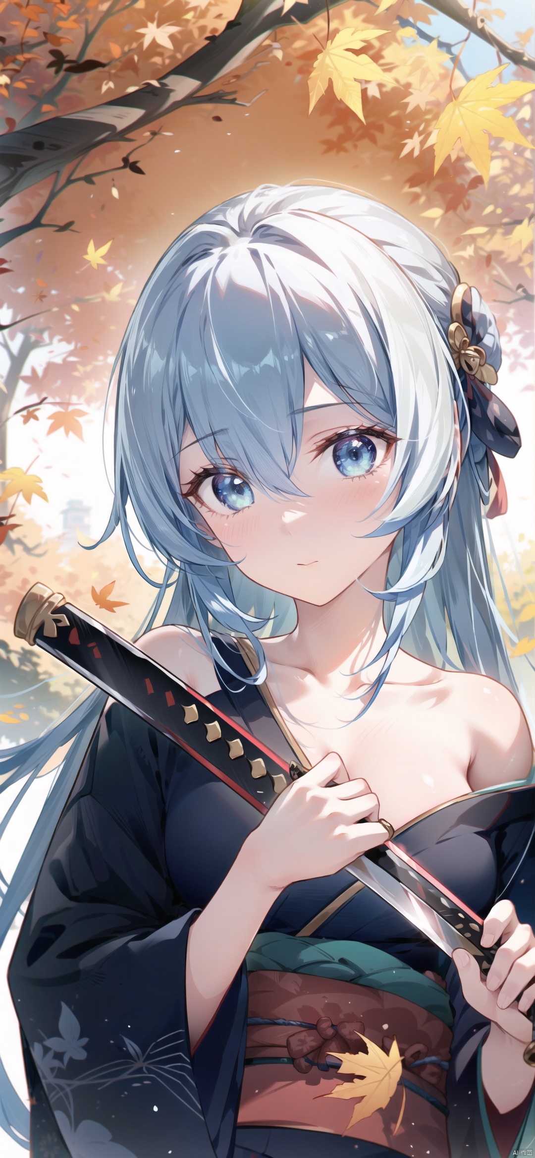 1girl, solo, long hair, looking at viewer, blush, bangs, blue eyes, long sleeves, holding, hair between eyes, bare shoulders, very long hair, collarbone, weapon, white hair, outdoors, japanese clothes, sword, wide sleeves, kimono, off shoulder, holding weapon, sash, bell, leaf, mouth hold, holding sword, obi, katana, sheath, stairs, autumn leaves, black kimono, maple leaf,loli,(petite:1.2), fine fabric emphasis, best quality, amazing quality, very aesthetic, absurdres, HDR, UHD, 8K, Highly detailed, best quality, masterpiece, realistic, Highly detailed, (EOS R8, 50mm, F1.2, 8K, RAW photo:1.2), ultra realistic 8k cg