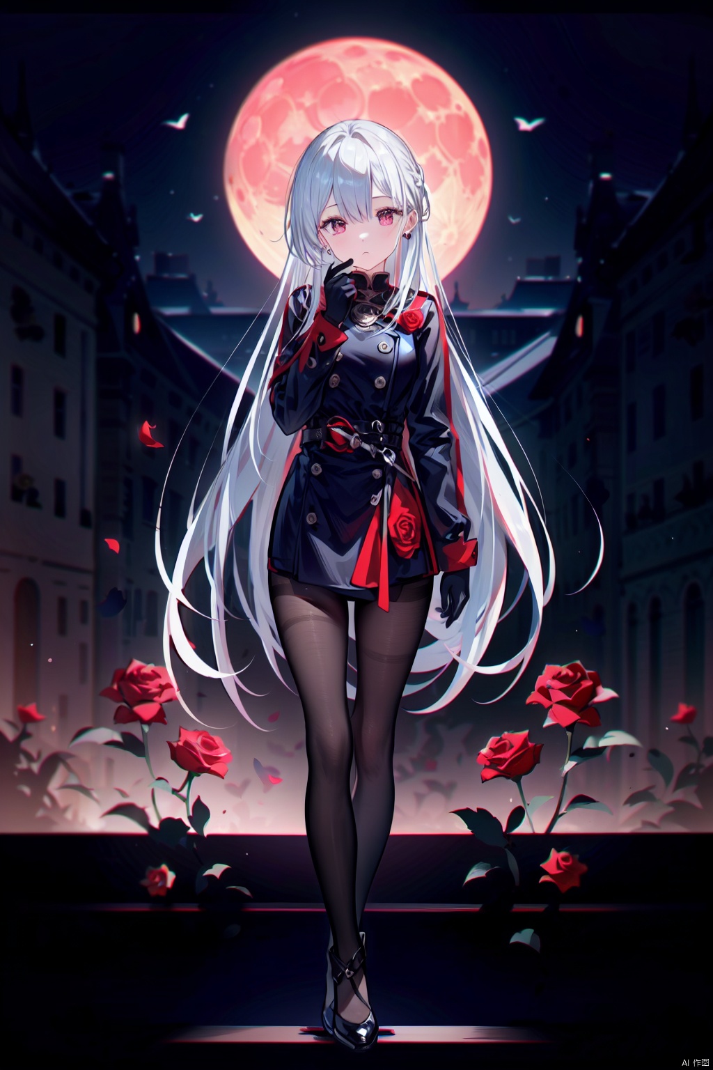  maximalism.fine fabric emphasis, 1girl, ball, earrings, flower, full_body, gloves, jewelry, long_hair, looking_at_viewer, moon, pantyhose, pink_rose, red_eyes, red_flower, red_legwear, red_moon, red_rose, rose, solo, standing, very_long_hair, white_hair, 
best quality, amazing quality, very aesthetic, absurdres, 
HDR, UHD, 8K, Highly detailed, best quality, masterpiece, realistic, Highly detailed, (EOS R8, 50mm, F1.2, 8K, RAW photo:1.2), ultra realistic 8k cg,