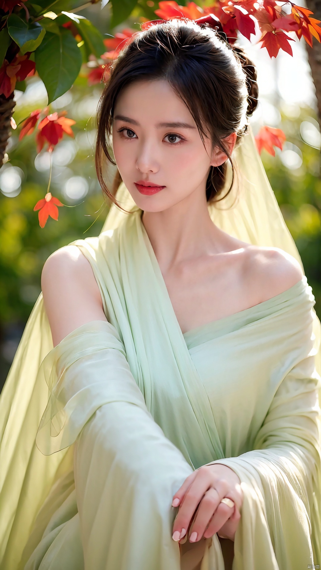 The image features a beautiful young woman holding a red leaf in her hands,  bathed in warm light. Her expression is seren...