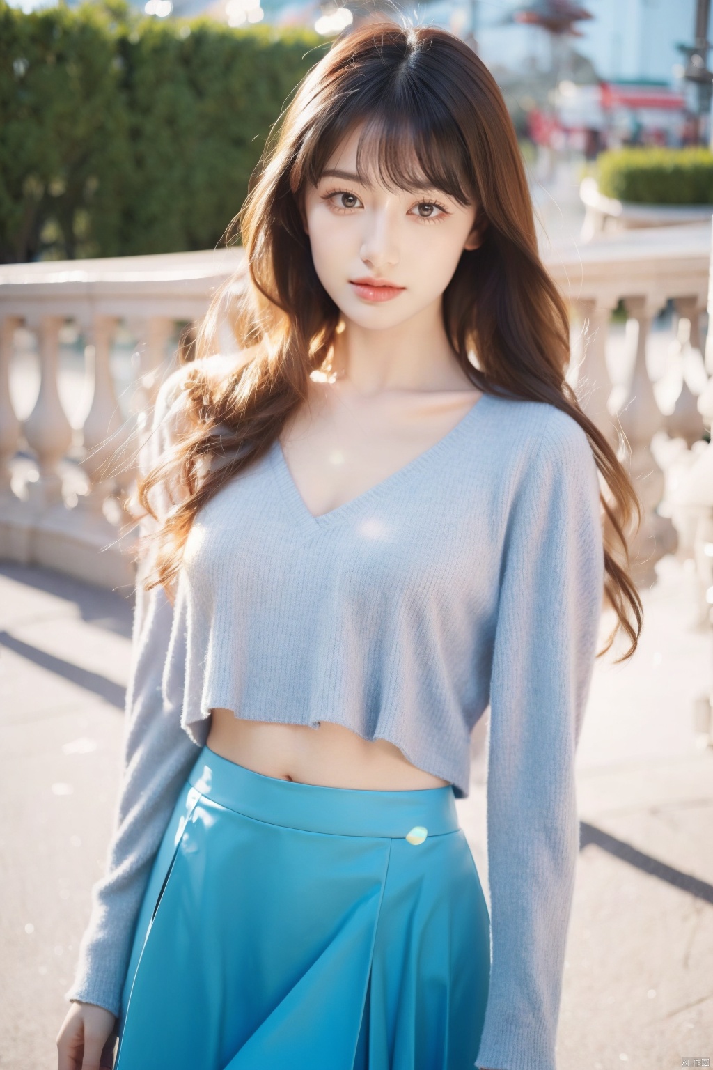 Realistic 32K resolution photo of 1 girl, 1girl, solo, long hair, looking at viewer, bangs, skirt, brown hair, shirt, long sleeves, closed mouth, standing, outdoors, socks, black skirt, blurry, blurry background, blue shirt, pencil skirt, arm behind back, realistic, photo background, Exquisitely perfect symmetric very gorgeous face, perfect breasts, Exquisite delicate crystal clear skin, Detailed beautiful delicate eyes, perfect slim body shape, slender and beautiful fingers:0.9,nice hands, perfect hands, illuminated by film grain, Film photo style, realistic skin, lens flare,