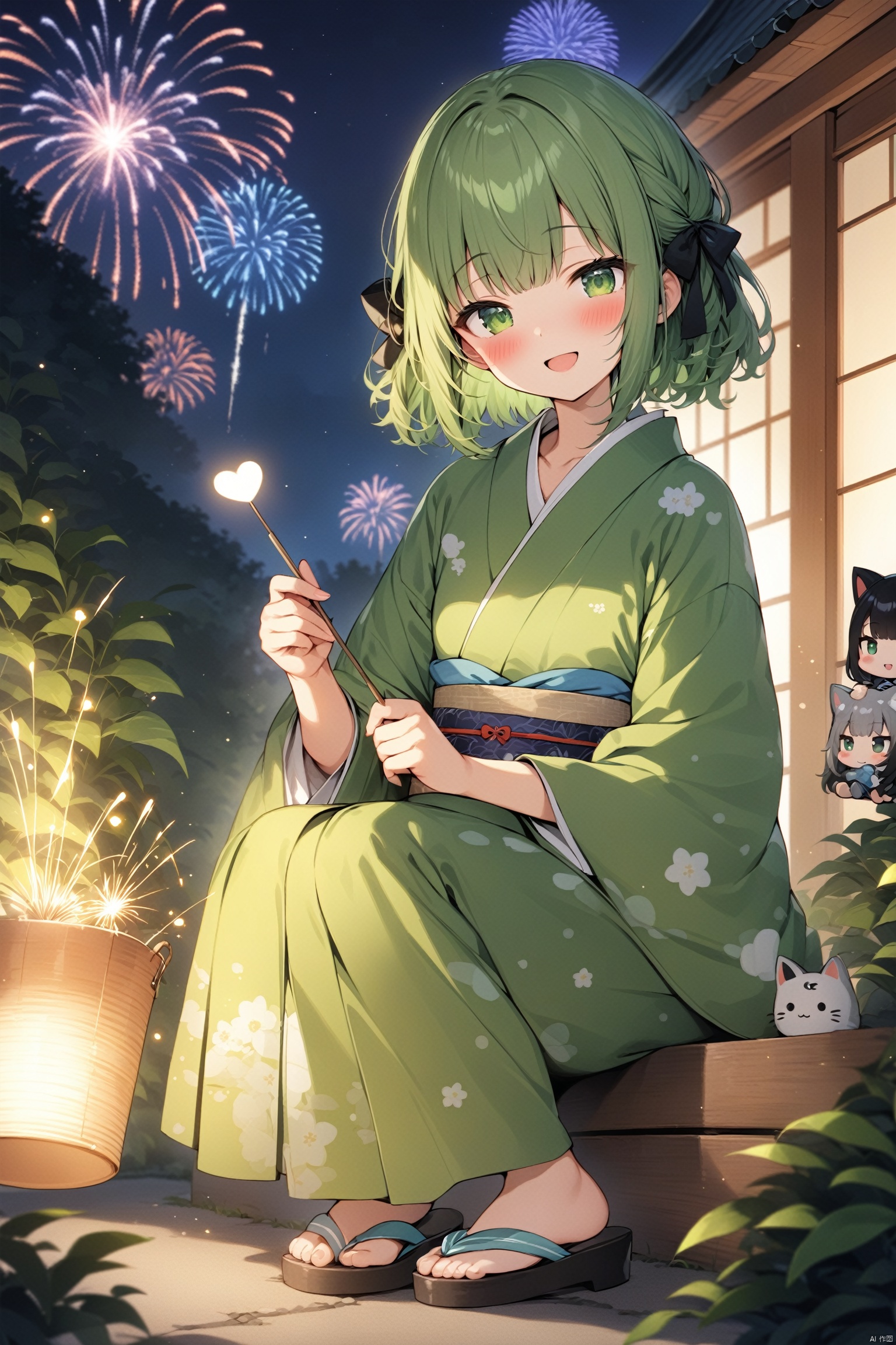  (masterpiece), (best quality), illustration, ultra detailed, hdr, Depth of field, (colorful),Nachoneko, 1girl, komeiji_koishi, solo, fireworks, heart_of_string, green_eyes, green_hair, open_mouth, japanese_clothes, third_eye, bucket, sparkler, smile, heart, wide_sleeves, sandals, kimono, looking_at_viewer, sitting, ribbon, long_sleeves, night, short_hair, outdoors, bow, blush, yukata, frills, full_body, bush, no_headwear, alternate_costume, hair_ribbon, tr mini style, Sewing doll, 3DIP
