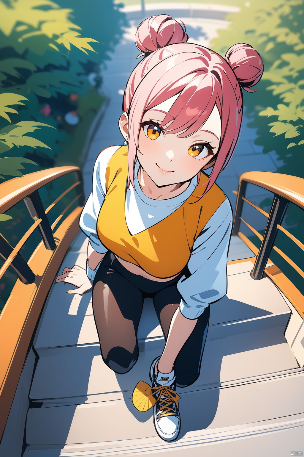  Bird&#39;s eye view, from above, fish eye view, perspective, stylish girl, smiling face, jacket, crop top, high waist leggings, designer sneakers, loose bun, jewelry, sitting on steps, focus on face, steps , railings, campus scenery, plants, architecture, bold colors, rich pictures, dynamic poses, perspective, dynamic,