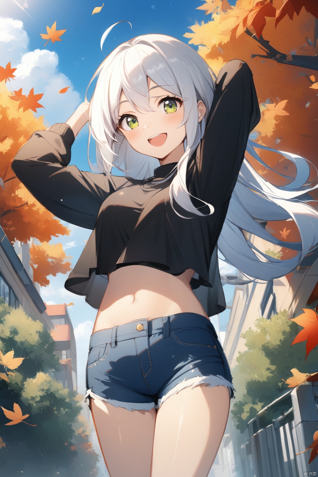  1girl, solo, long hair, breasts, looking at viewer, smile, open mouth, bangs, shirt, long sleeves, navel, holding, standing, yellow eyes, white shirt, white hair, :d, thighs, cowboy shot, outdoors, sky, shorts, day, midriff, cloud, stomach, arms up, blue sky, crop top, black shirt, short shorts, leaf, sunlight, denim, building, blue shorts, denim shorts, autumn leaves, crop top overhang, cutoffs, falling leaves, green eyes, sexy jeans, jijianchahua