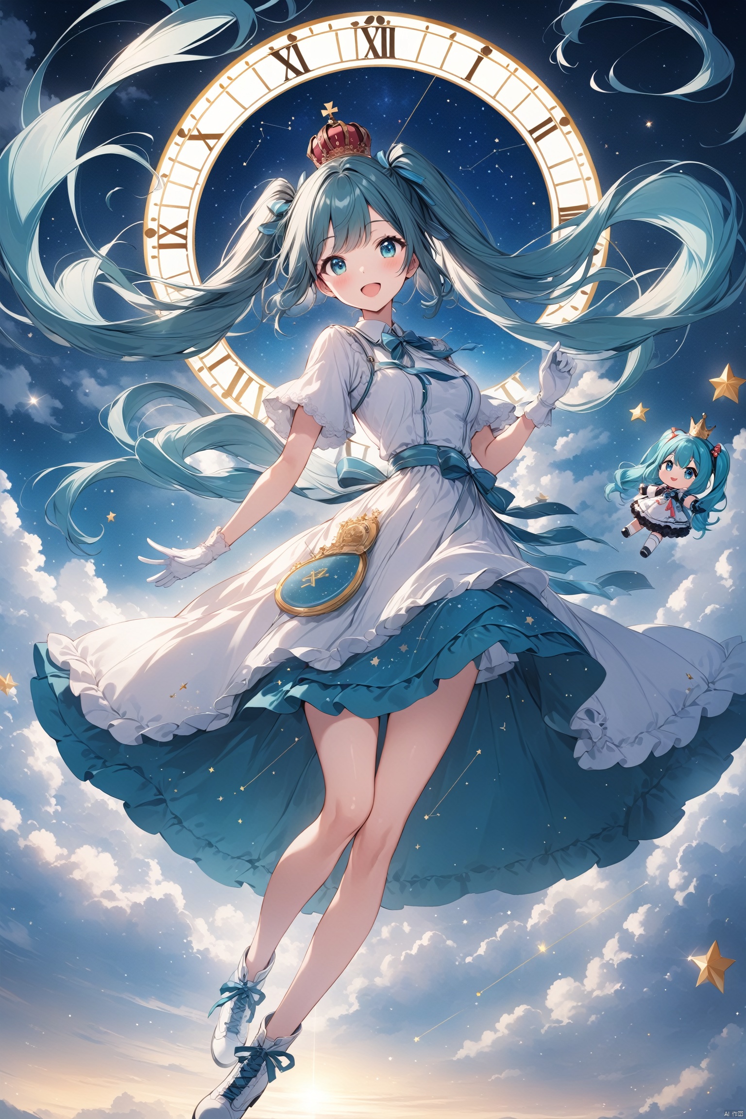  (masterpiece), (best quality), illustration, ultra detailed, hdr, Depth of field, (colorful),[wakaba],[miwano rag],[haneru], atdan, 1girl, hatsune_miku, long_hair, solo, dress, twintails, very_long_hair, open_mouth, white_dress, clock, smile, breasts, roman_numeral, gloves, looking_at_viewer, blue_eyes, blue_hair, white_gloves, white_footwear, floating_hair, sky, full_body, star_(sky), constellation, star_(symbol), bare_legs, ribbon, crown, bangs, tr mini style, Sewing doll