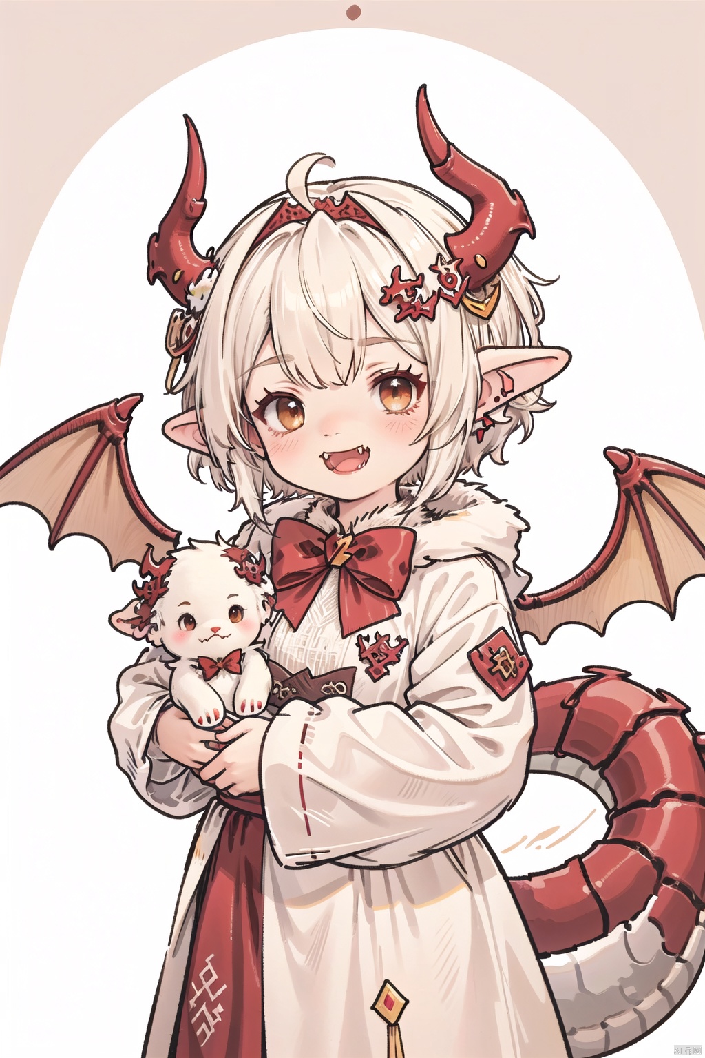  ((furry)), ((stuffed toy)), ((dragon)), ((mini dragon)), ((baby dragon)), ((beige fur)), ((dragon horns)), ((dragon tail)), ((bow)), ((fangs horns)), ((fangs tail)), ((big tail)), ((yellow and red tail)), ((wings)), ((hair ornament)), ((headpiece)), ((soft ears)), ((big ears)), ((red wings)), ((brown eyes)), ((furry face)), ((Bean eye))
, drakan_longdress_dragon crown_headdress