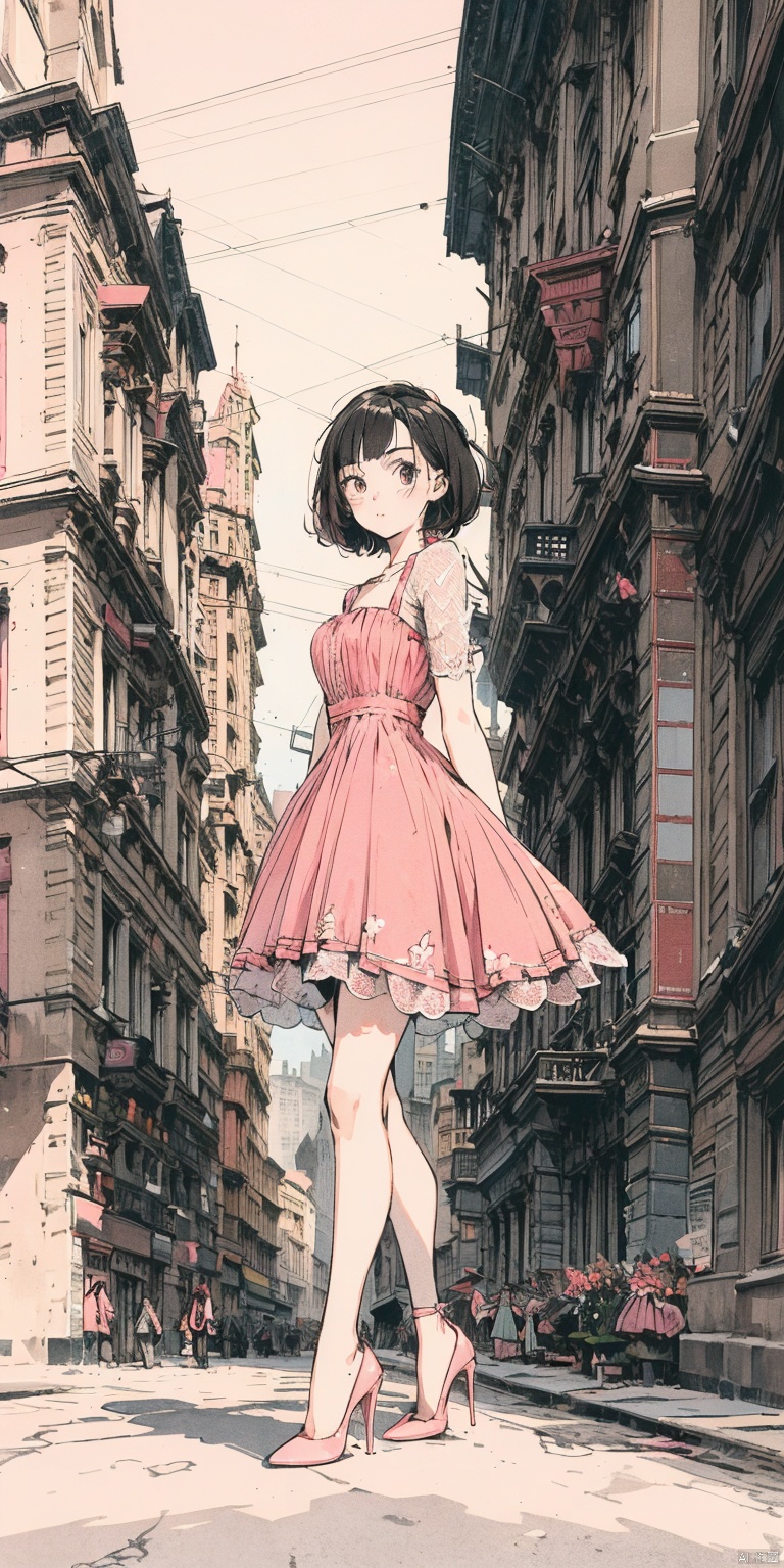  1girl,solo,dress,short hair,black hair,pink a-line dress,pink theme,high heels,  modern city, street, morautdes
