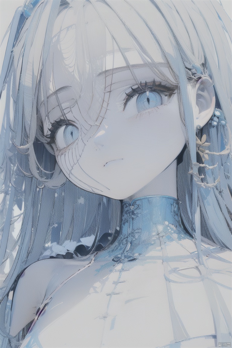 portrait,(((masterpiece,best quality))),((good structure,Good composition,good atomy)),((clear, original,beautiful)),1girl,long hair,( white blue theme:1.3),chinese clothing,looking down,