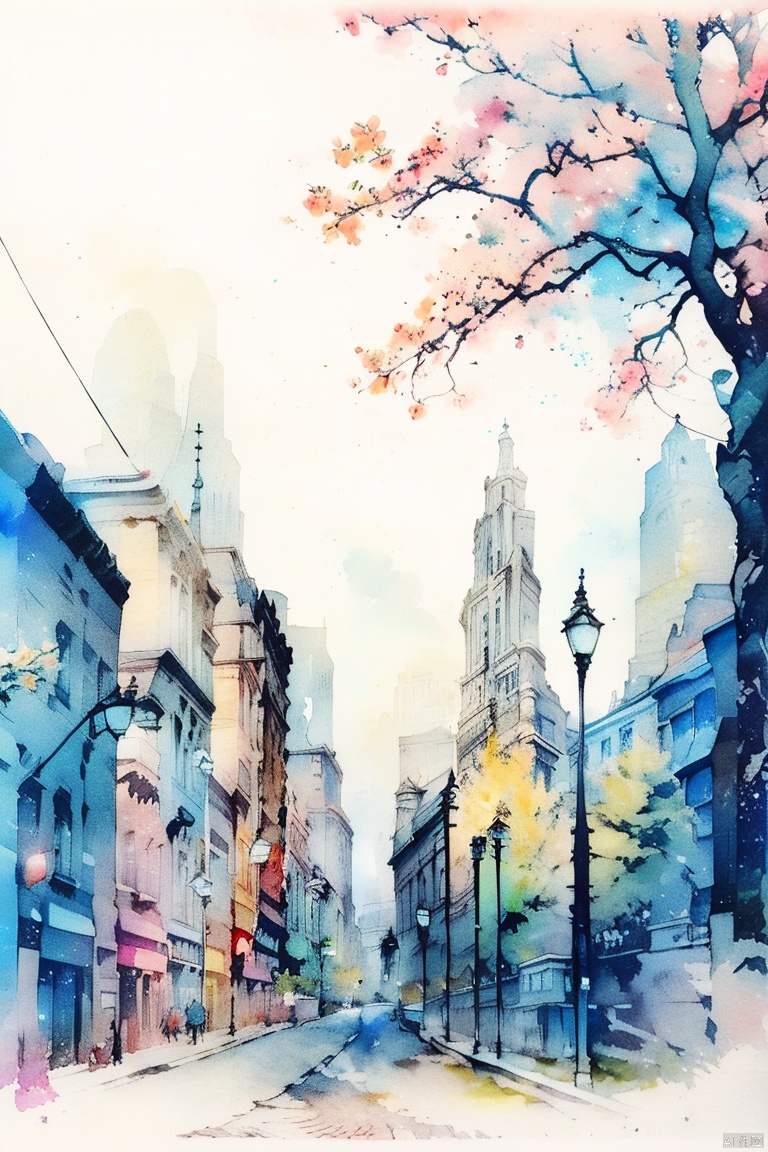 tree,scenery,outdoors,road,building,street,bare tree,city,lamppost, watercolor
