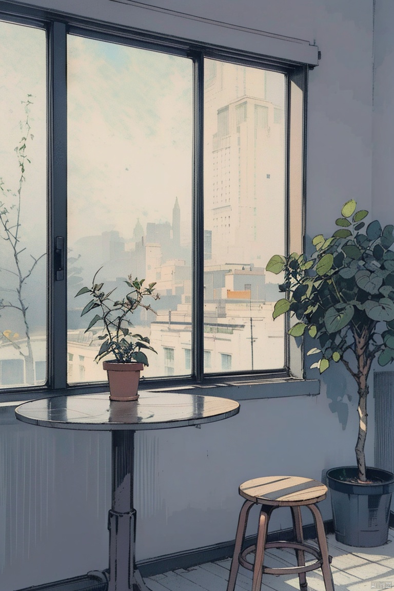 plant, stool, scenery, potted plant, window, blue theme, table, indoors,lo fi aesthetic, Japanese lofi, pastel tone, line drawing, in the style of studio ghibli,,, (((masterpiece))),(((best quality))),((ultra-detailed))