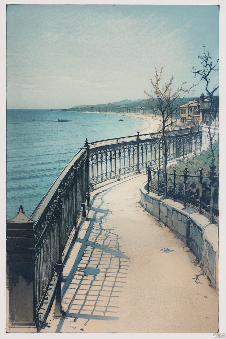 outdoors,no humans,sky,scenery,day,tree,blue sky,border,ocean,railing,stairs,shadow,road,