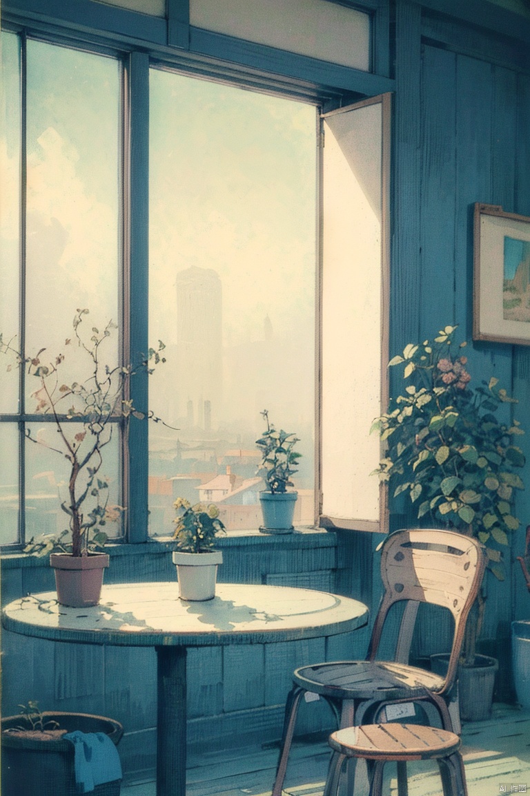 plant, stool, scenery, potted plant, window, blue theme, table, indoors,lo fi aesthetic, Japanese lofi, pastel tone, line drawing, in the style of studio ghibli,,, (((masterpiece))),(((best quality))),((ultra-detailed))
