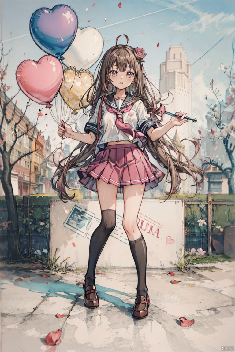  1girl, standing,balloon, brown_footwear, brown_hair, cherry_blossoms, cloud, confetti, falling_petals, heart, heart_balloon, holding, kneehighs, long_hair, petals, petals_on_liquid, pink_eyes, pink_skirt, pleated_skirt, rose_petals, school_uniform, serafuku, shirt, shoes, skirt, sky, socks, solo, wand, white_shirt, lines