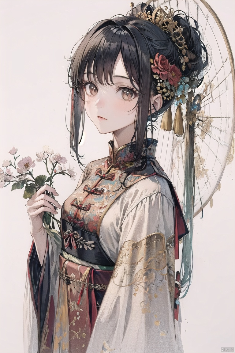 mbl,1girl,solo,black hair,hair ornament,brown eyes,looking at viewer,flower,upper body,chinese clothes,