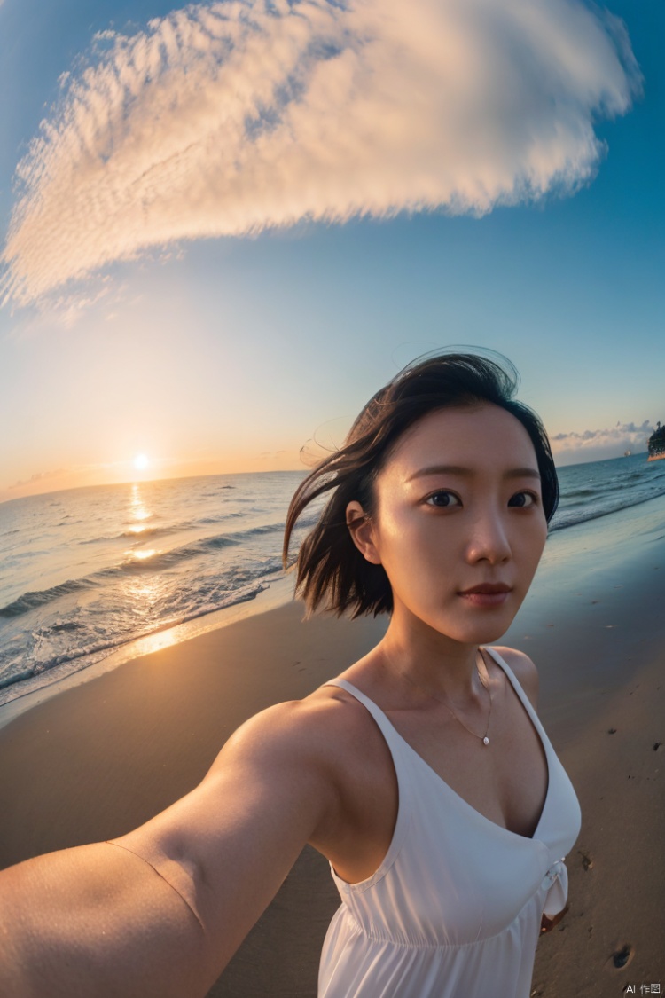 a Asian woman takes a fisheye selfie on a beach at sunset, the wind blowing through her messy hair. The sea stretches out behind her, creating a stunning aesthetic and atmosphere with a rating of 1.2