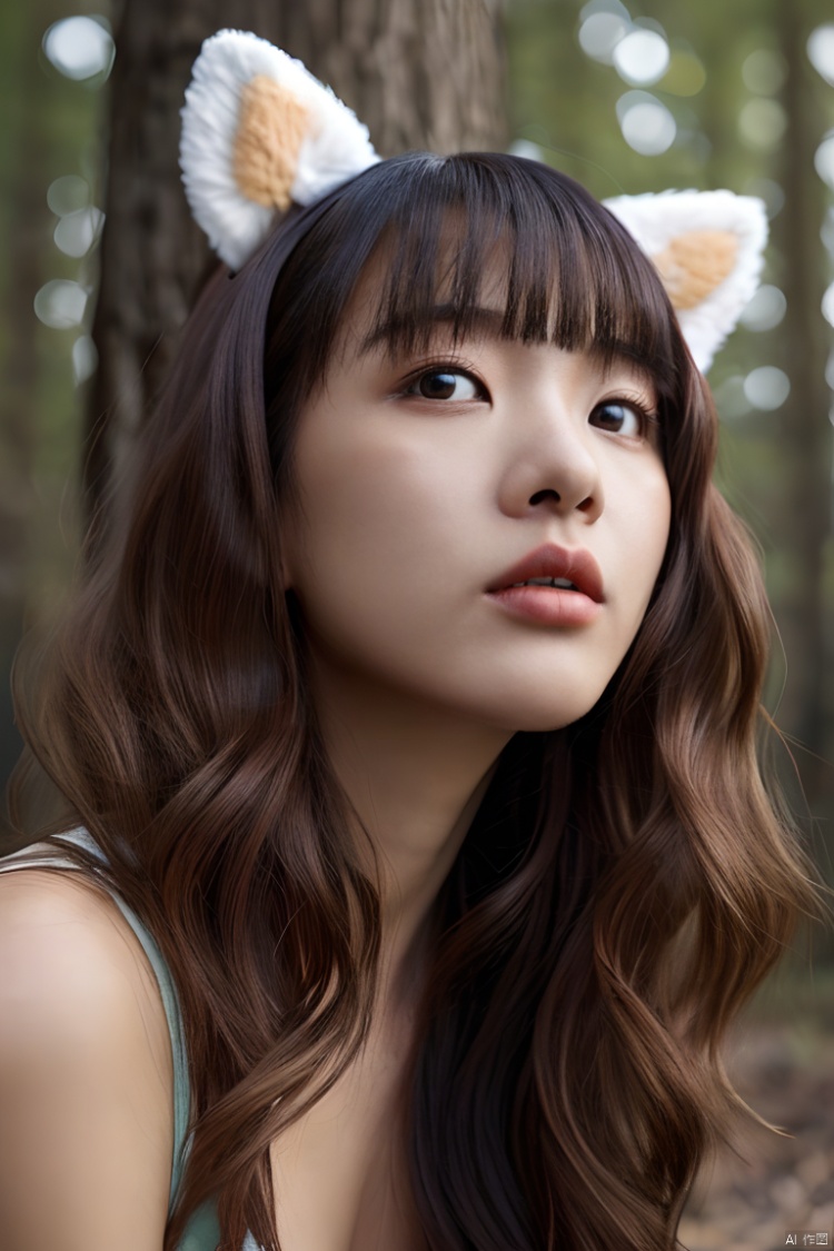 (from below:1.5) ,high quality portrait photography, featuring a 20-year-old Asian female with silver hair and fox ears, close-up shot capturing her striking features, in a lush forest setting with dappled sunlight filtering through the trees, creating a mystical and ethereal atmosphere, shot with a Canon EOS 5D Mark IV camera, 85mm lens, shallow depth of field focusing on her expressive eyes, conveying a sense of mystery and enchantment.