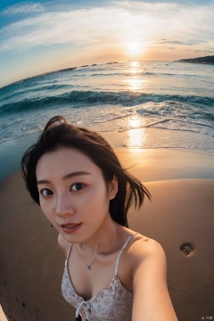 a Asian woman takes a fisheye selfie on a beach at sunset, the wind blowing through her messy hair. The sea stretches out behind her, creating a stunning aesthetic and atmosphere with a rating of 1.2