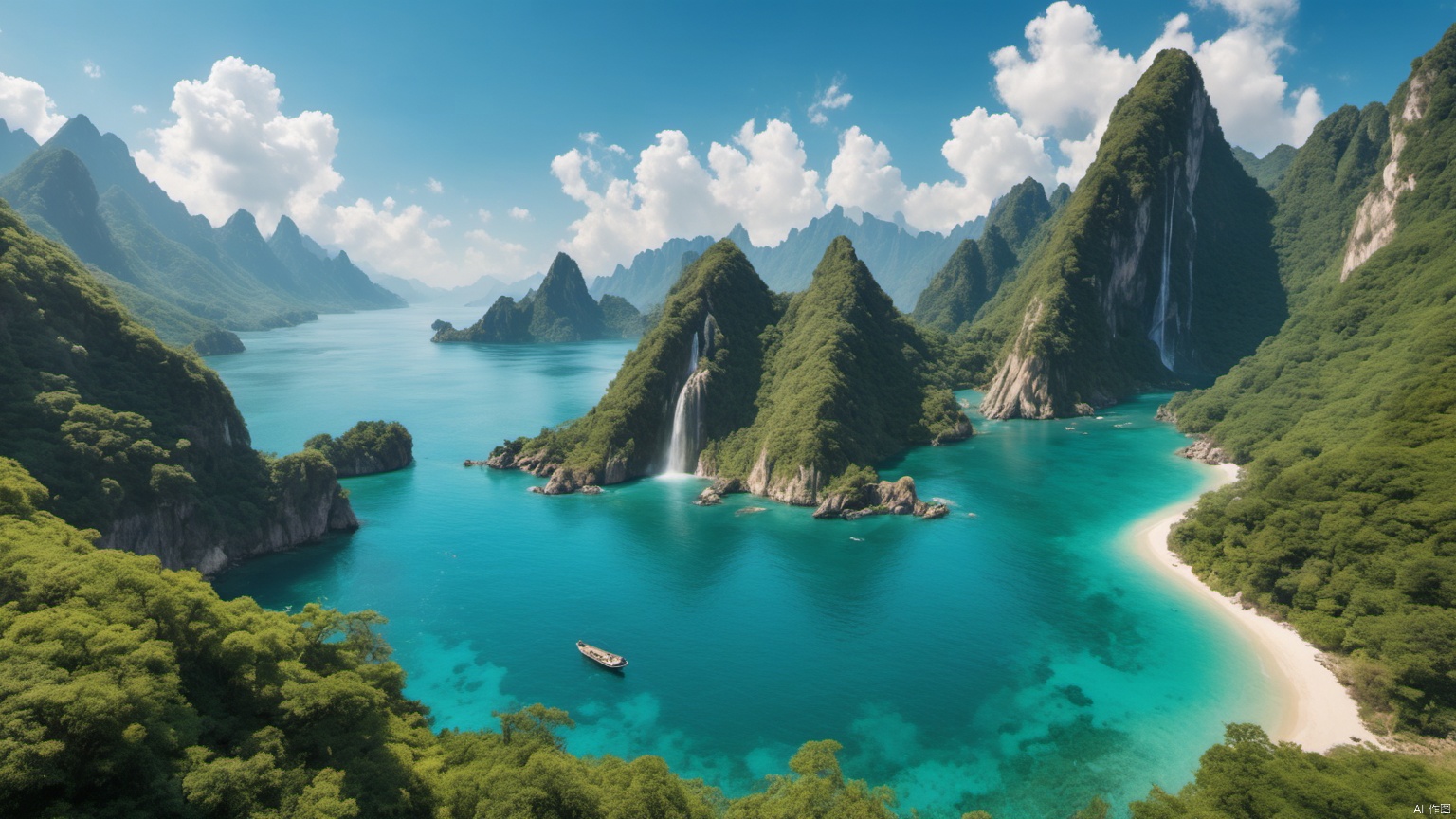  (Waterfall ),
 (sea ),
(Jet hole blue flame and lightning ),
(Adequate sunlight ),
(Optical materials ),
(Water in glass materials ),
(beach ),
(wonderland ),
Overlooking,,(sea ),,Representative,boutique, Ultra HD, 
, reflection, masterpiece, true light and shadow, wide Angle, outdoors, sky, day,
, blue sky, (no humans 99.9),nature, scenery, Water, beach, 
 (High Quality), Best Quality, (4K), 8K, Super Detail, (Full Detail), (Masterpiece), (Realistic), Super Detail, (Exquisite Detail), Intricate, Traditional Chinese Ink Painting,Mountain peaks, blue sky, flowing water,Wild goose, Scenery,  sea