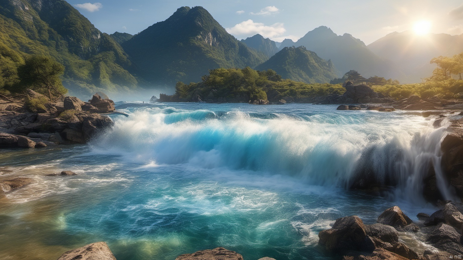  (Waterfall ),
 (sea ),
(Jet hole blue flame and lightning ),
(Adequate sunlight ),
(Optical materials ),
(Water in glass materials ),
(beach ),
(wonderland ),
Overlooking,,(sea ),,Representative,boutique, Ultra HD, 
, reflection, masterpiece, true light and shadow, wide Angle, outdoors, sky, day,
, blue sky, (no humans 99.9),nature, scenery, Water, beach, 
 (High Quality), Best Quality, (4K), 8K, Super Detail, (Full Detail), (Masterpiece), (Realistic), Super Detail, (Exquisite Detail), Intricate, Traditional Chinese Ink Painting,Mountain peaks, blue sky, flowing water,Wild goose, Scenery,  sea