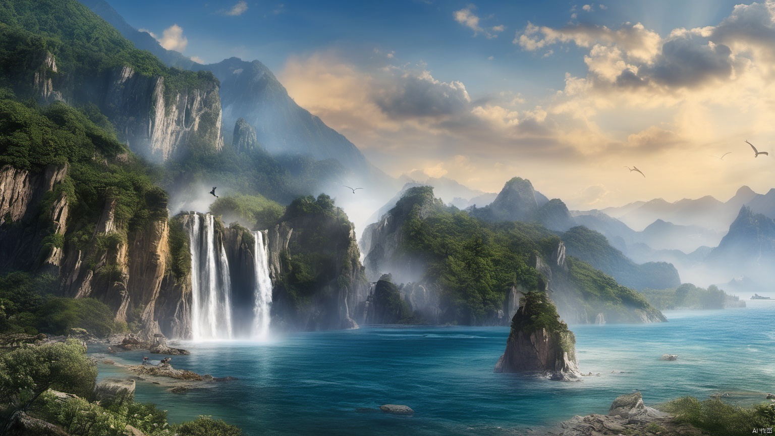  (Waterfall ),
 (sea ),
(Jet hole blue flame and lightning ),
(Adequate sunlight ),
(Optical materials ),
(Water in glass materials ),
(beach ),
(wonderland ),
Overlooking,,(sea ),,Representative,boutique, Ultra HD, 
, reflection, masterpiece, true light and shadow, wide Angle, outdoors, sky, day,
, blue sky, (no humans 99.9),nature, scenery, Water, beach, 
 (High Quality), Best Quality, (4K), 8K, Super Detail, (Full Detail), (Masterpiece), (Realistic), Super Detail, (Exquisite Detail), Intricate, Traditional Chinese Ink Painting,Mountain peaks, blue sky, flowing water,Wild goose, Scenery,  sea