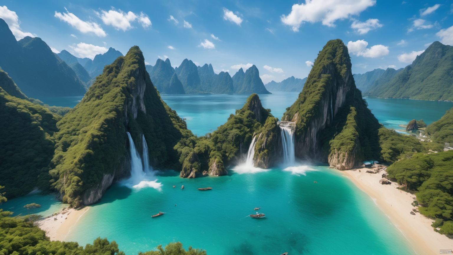  (Waterfall ),
 (sea ),
(Jet hole blue flame and lightning ),
(Adequate sunlight ),
(Optical materials ),
(Water in glass materials ),
(beach ),
(wonderland ),
Overlooking,,(sea ),,Representative,boutique, Ultra HD, 
, reflection, masterpiece, true light and shadow, wide Angle, outdoors, sky, day,
, blue sky, (no humans 99.9),nature, scenery, Water, beach, 
 (High Quality), Best Quality, (4K), 8K, Super Detail, (Full Detail), (Masterpiece), (Realistic), Super Detail, (Exquisite Detail), Intricate, Traditional Chinese Ink Painting,Mountain peaks, blue sky, flowing water,Wild goose, Scenery,  sea