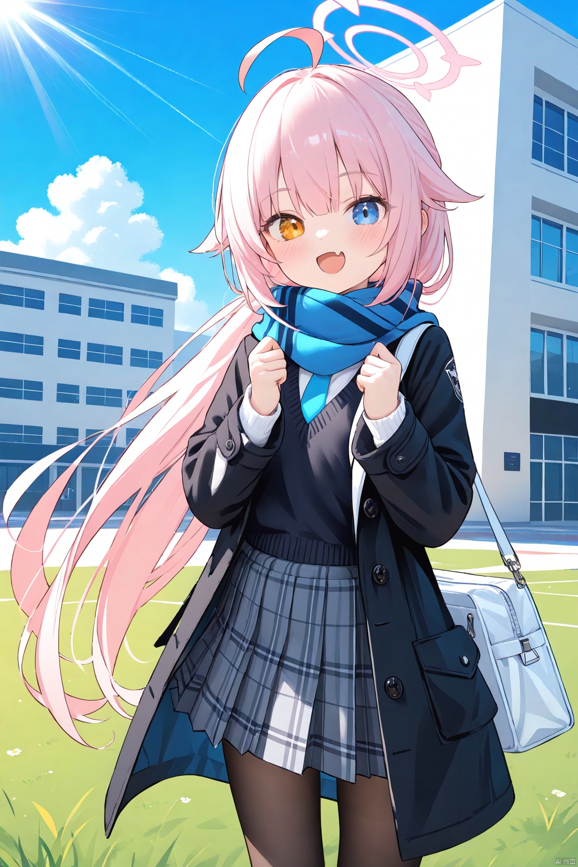 1girl,solo,(masterpiece:1.3),( beautiful:1.2),(high quality:1.2),(finely detailed:1.2),extremely detailed CG unity 8k wallpaper,best quality,a very delicate and beautiful,perfect fingers,(one cute girl at the center:1.2),loli,
1girl, solo, long hair, looking at viewer, blush, smile, open mouth, bangs, blue eyes, skirt, simple background, long sleeves, school uniform, standing, jacket,  yellow eyes, ponytail, pink hair, ahoge, :d, pantyhose, pleated skirt, open coat,  fang, bag, scarf, coat, orange eyes, plaid, black pantyhose, heterochromia, halo, plaid skirt, white footwear, skin fang, grey skirt, blue scarf, hoshino \(blue archive\), black sweater, black coat,
, parted_lips, outdoors, blue sky,sunlight, clouds, school building,lawn, cowboy_shot, standing,  looking_at_viewer,hoshino