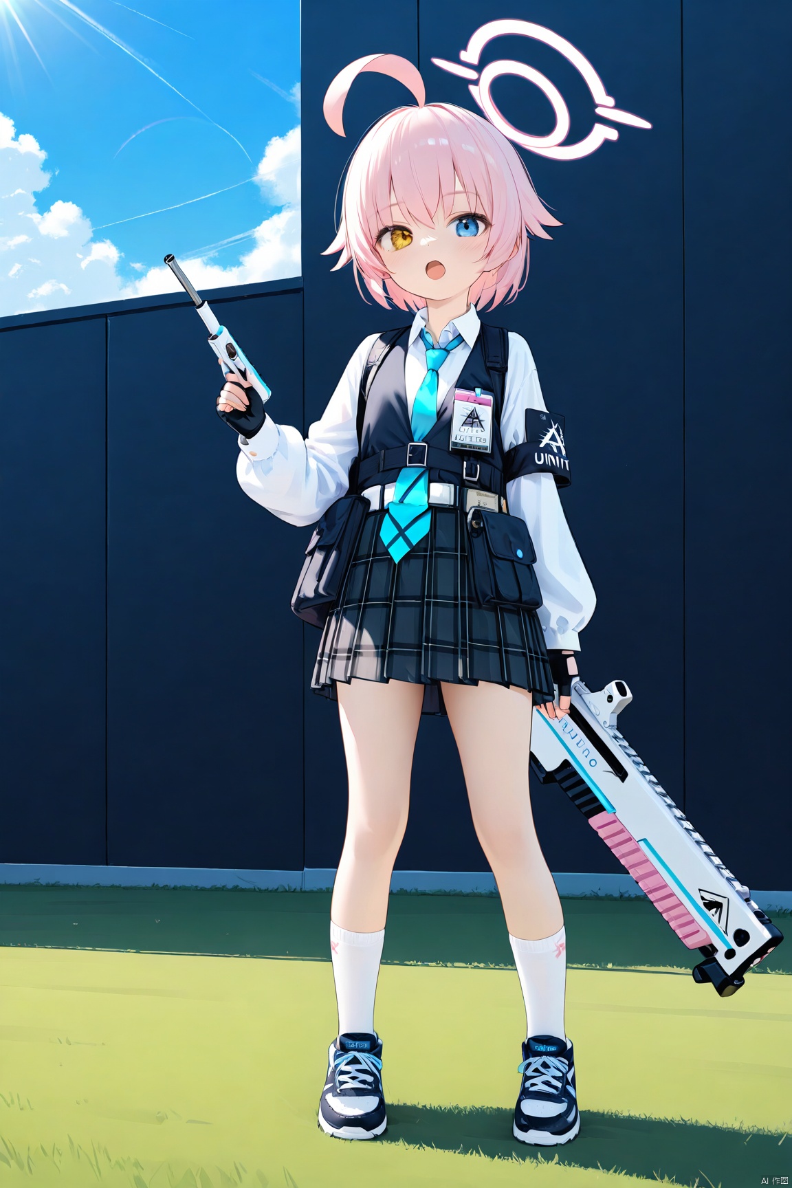 1girl,solo,(masterpiece:1.3),( beautiful:1.2),(high quality:1.2),(finely detailed:1.2),extremely detailed CG unity 8k wallpaper,best quality,a very delicate and beautiful,perfect fingers,(one cute girl at the center:1.2),loli,
1girl, solo, looking at viewer, short hair, blue eyes, skirt, simple background, shirt, gloves, long sleeves, holding, school uniform, standing, full body, yellow eyes, weapon, pink hair, ahoge, pleated skirt, necktie, shoes, black gloves, socks, fingerless gloves, holding weapon, vest, gun, plaid, heterochromia, halo, plaid skirt, white socks, black background, sneakers, armband, blue necktie, id card, shotgun, hoshino \(blue archive\),
,open_mouth, outdoors, blue sky,sunlight, clouds, school building,lawn, cowboy_shot, standing,  looking_at_viewer,hoshino