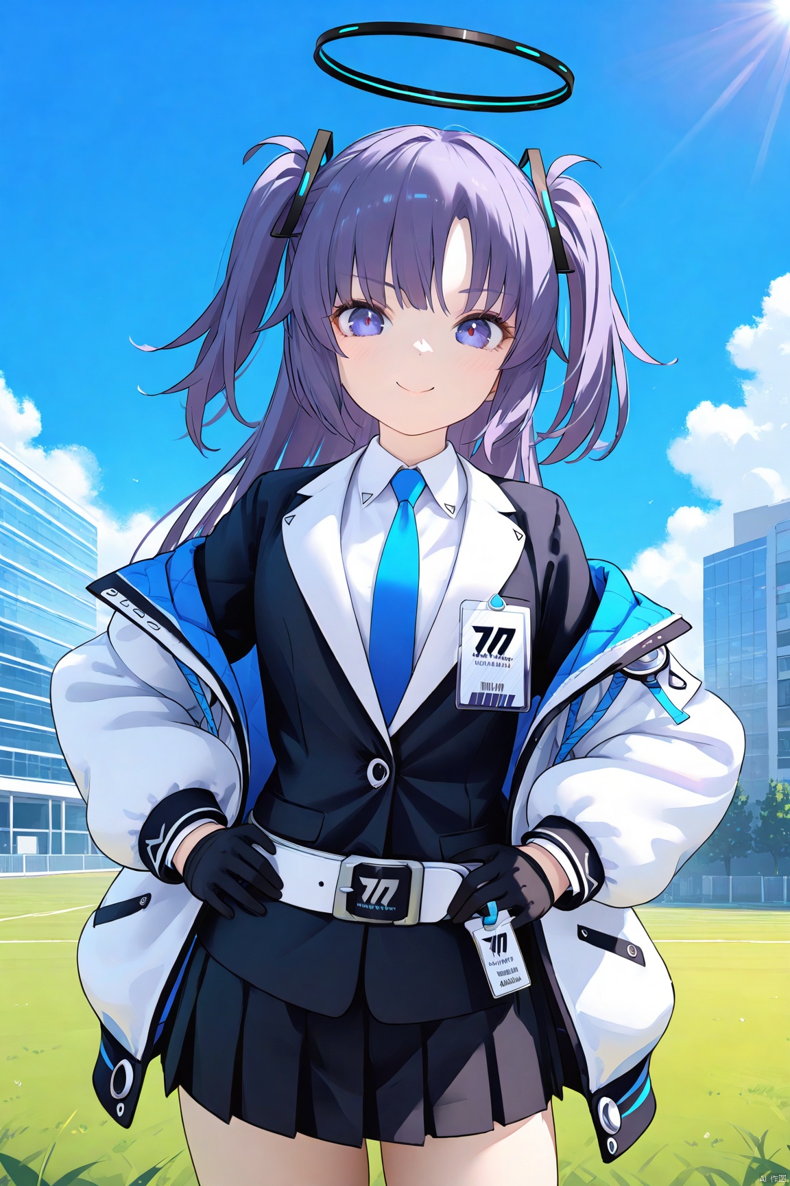  1girl,solo,(masterpiece:1.3),( beautiful:1.2),(high quality:1.2),(finely detailed:1.2),extremely detailed CG unity 8k wallpaper,best quality,a very delicate and beautiful,perfect fingers,(one cute girl at the center:1.2),
long hair, bangs, blue eyes, skirt, shirt, hair ornament, gloves, long sleeves,purple eyes, jacket, white shirt, purple hair, pleated skirt, open clothes, necktie, black gloves, collared shirt, belt, miniskirt, black skirt, off shoulder, open jacket, black jacket, parted bangs, halo, white jacket, blue necktie, id card, belt pouch, yuuka \(bluearchive\),closed_mouth, outdoors, blue sky,sunlight, clouds, school building,lawn, cowboy_shot, standing,  smile, looking_at_viewer,hands_on_hips
