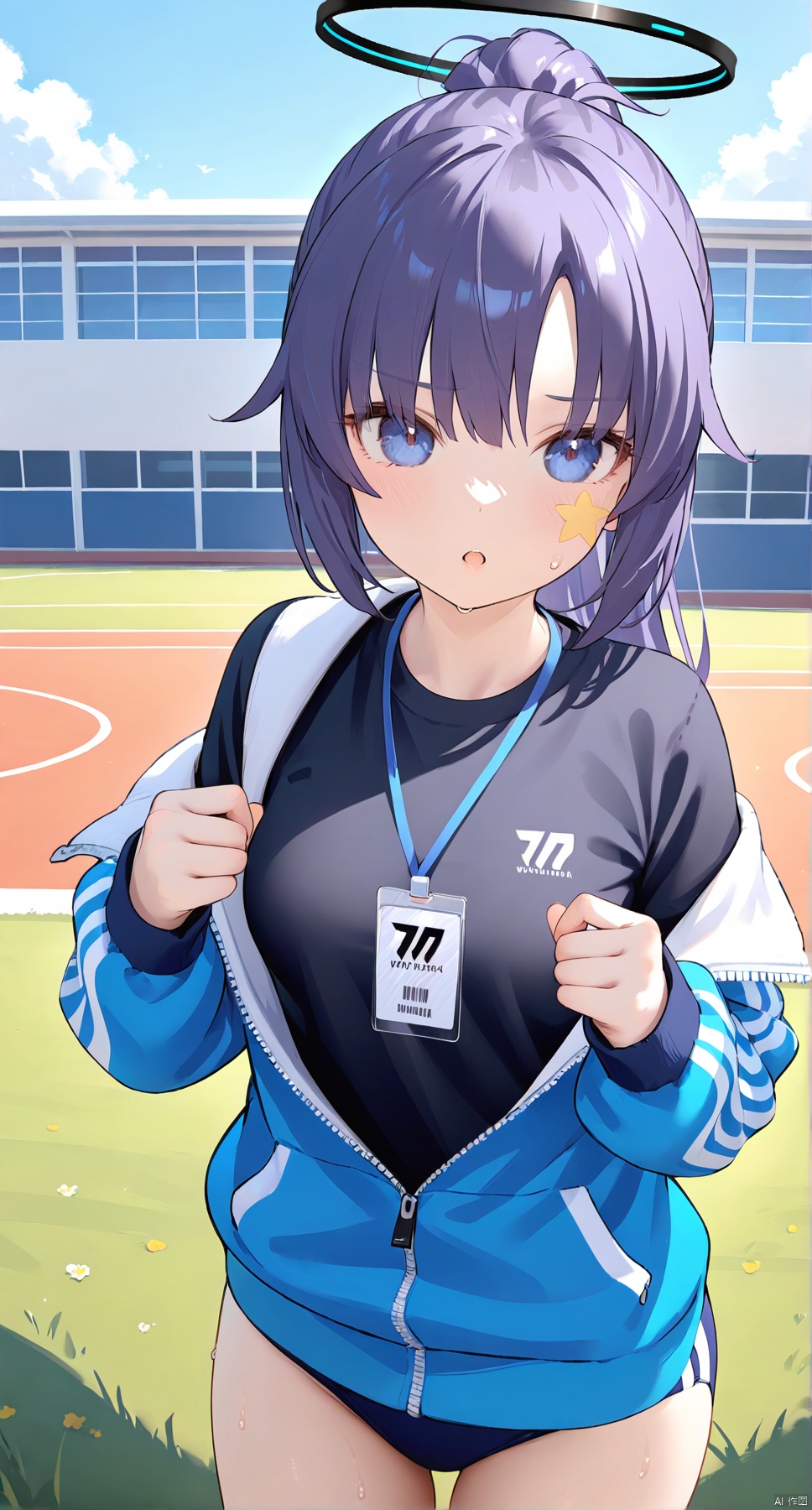  1girl,solo,(masterpiece:1.3),( beautiful:1.2),(high quality:1.2),(finely detailed:1.2),extremely detailed CG unity 8k wallpaper,best quality,a very delicate and beautiful,perfect fingers,(one cute girl at the center:1.2),
parted lips ,outdoors, blue sky,sunlight, clouds, school building,lawn, loli,
bangs, blue eyes, shirt, medium breasts,purple eyes, jacket, ponytail, purple hair, short sleeves, sweat, open clothes, off shoulder, star \(symbol\), open jacket, official alternate costume, black shirt, halo, blue jacket, gym uniform, track jacket, buruma, id card,sticker on face, yuuka \(blue archive\),yuukaGym