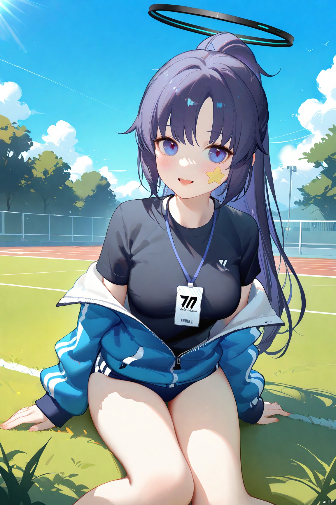 ask_(askzy), (masterpiece),( beautiful:1.2),(high quality:1.2),(finely detailed:1.2),extremely detailed CG unity 8k wallpaper,best quality,
parted lips ,outdoors, blue sky,sunlight, clouds, school building,lawn, loli,
1girl,yuuka (blue archive),id card,jacket,buruma,solo,halo,official alternate costume,lanyard,breasts,looking at viewer,white background,purple hair,simple background,long hair,shirt,thighs,smile,blue jacket,partially unzipped,black shirt,ponytail,medium breasts,sitting,blue eyes,track jacket,bangs,gym uniform,sticker on face,blush,purple eyes,long sleeves,off shoulder,closed mouth,short sleeves,blue buruma,star (symbol),parted bangs,open jacket,arm support,yuukaG,yuuka, yuukaBA