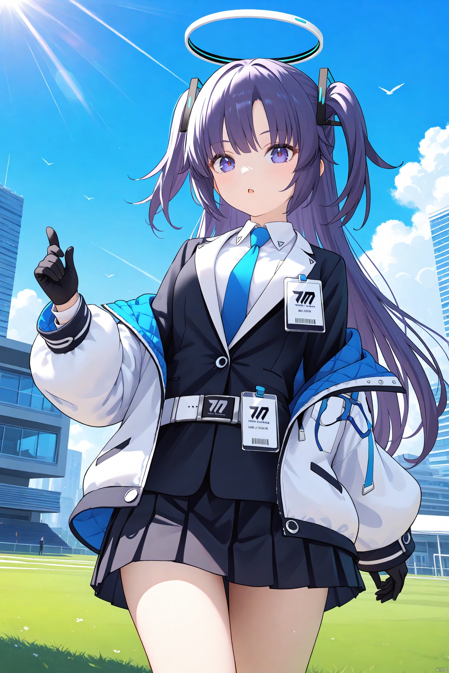  1girl,solo,(masterpiece:1.3),( beautiful:1.2),(high quality:1.2),(finely detailed:1.2),extremely detailed CG unity 8k wallpaper,best quality,a very delicate and beautiful,perfect fingers,(one cute girl at the center:1.2),
long hair, bangs, blue eyes, skirt, shirt, hair ornament, gloves, long sleeves,purple eyes, jacket, white shirt, purple hair, pleated skirt, open clothes, necktie, black gloves, collared shirt, belt, miniskirt, black skirt, off shoulder, open jacket, black jacket, parted bangs, halo, white jacket, blue necktie, id card, belt pouch, yuuka \(bluearchive\), parted_lips, outdoors, blue sky,sunlight, clouds, school building,lawn, cowboy_shot, standing,  
