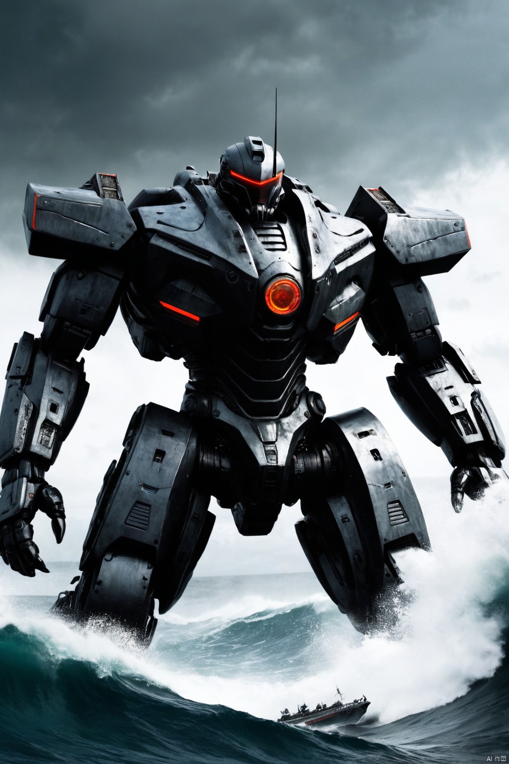  The cruiser was on the surface of the sea like a leaf,(a Humanoid machine standing on the mighty black waves fight a giant terrible monster),((ultra realistic details)),battle damage,black clouds rolling,black,((Giant broad-bladed)),like a cruise ship in a small boat,((Apocalyptic waves)),wields a broad-bladed ,Pacific Rim,8k, ultra sharp,metal,egypician detail, highly intricate details, Cyberpunk Concept