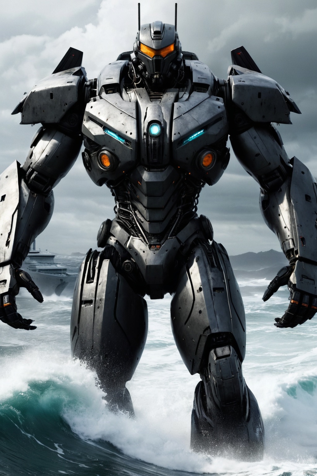  The cruiser was on the surface of the sea like a leaf,(a Humanoid machine standing on the mighty black waves fight a giant terrible monster),((ultra realistic details)),battle damage,black clouds rolling,black,((Giant broad-bladed)),like a cruise ship in a small boat,((Apocalyptic waves)),wields a broad-bladed ,Pacific Rim,8k, ultra sharp,metal,egypician detail, highly intricate details, Cyberpunk Concept