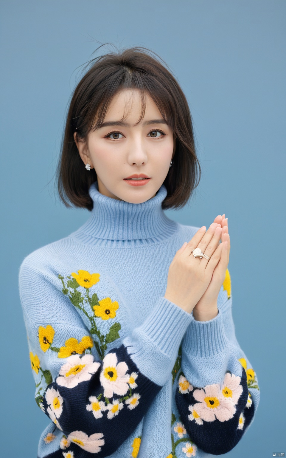  (masterpiece), (best quality), 1girl, watch, solo, wristwatch, floral background, sweater, looking at viewer, jewelry, upper body, bangs, flower, blush, off shoulder, necklace, long sleeves, hands up, closed mouth, yellow eyes, grey hair, black sweater, own hands together, open clothes, jacket, short hair, shirt, blue background, turtleneck, cardigan, blue sweater,[artist mmd], yaya