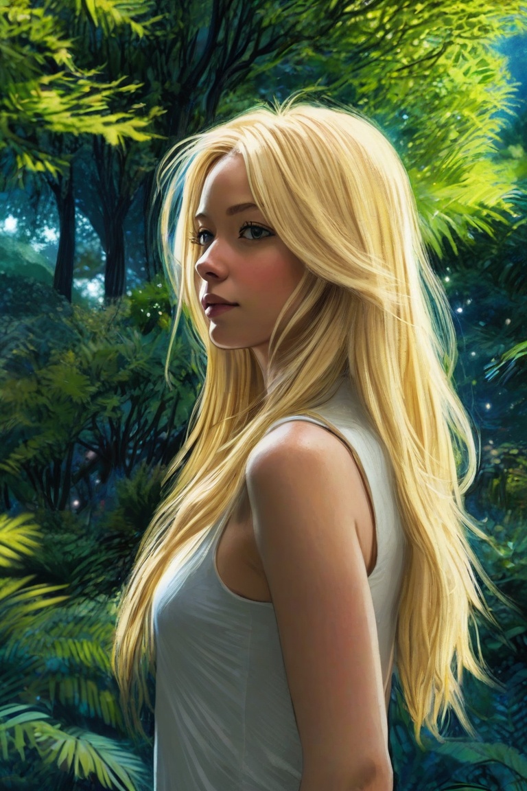 A beautiful blonde with long hair stands in front of a lush green tree.lots of detail,  8K,  hyperdetalization on Tensor.Art