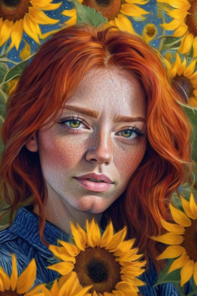 Beautiful woman,  red hair,  sunflower field on Tensor.Art