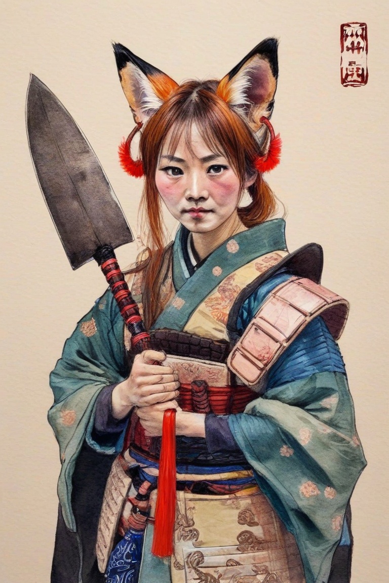 Woman with fox ears and tail holding a glave,  wearing an japanesse armor,  the scenario is a japan on Tensor.Art