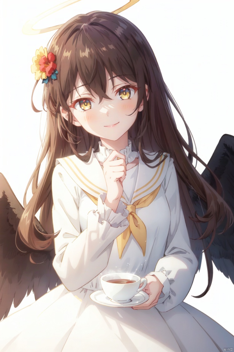 1girl, solo, cup, flower, hair flower, hair ornament, white dress, wings, holding cup, white background, teacup, neckerchief, halo, looking at viewer, black neckerchief, smile, sailor collar, simple background, long hair, holding, white sailor collar, dress, light brown hair, yellow eyes, bangs, long sleeves, white wings, feathered wings, closed mouth, hair between eyes, blush